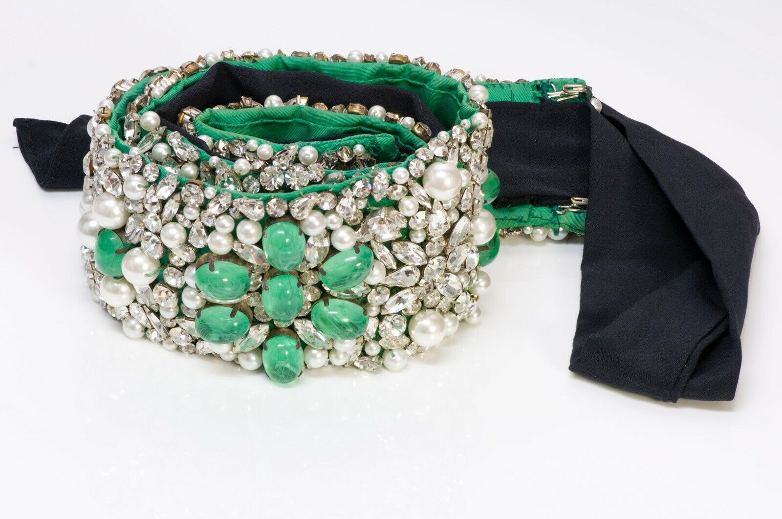 Vintage Maison GRIPOIX Wide Beaded Green Cabochon Glass Pearl Crystal Satin Belt