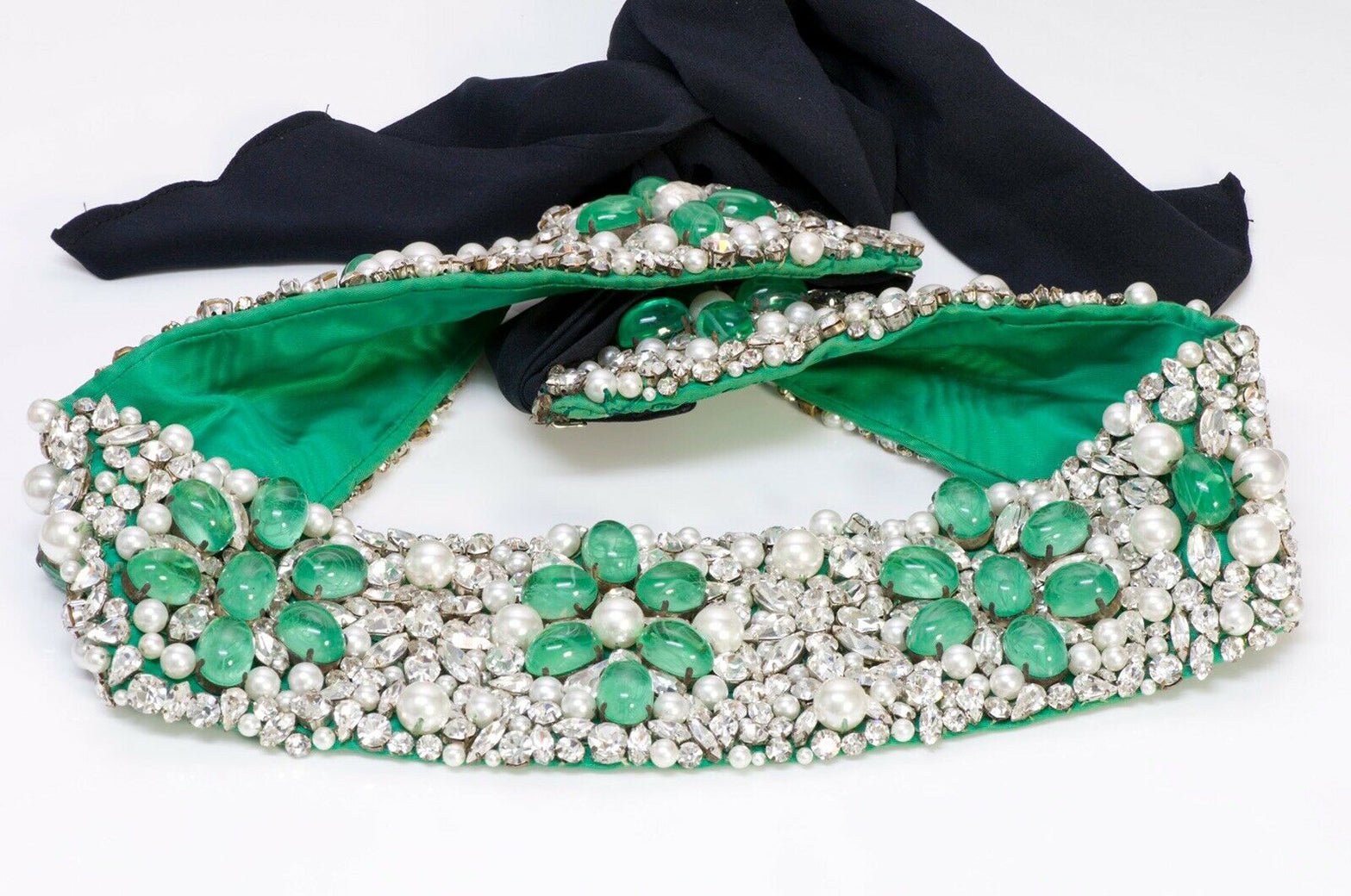 Vintage Maison GRIPOIX Wide Beaded Green Cabochon Glass Pearl Crystal Satin Belt