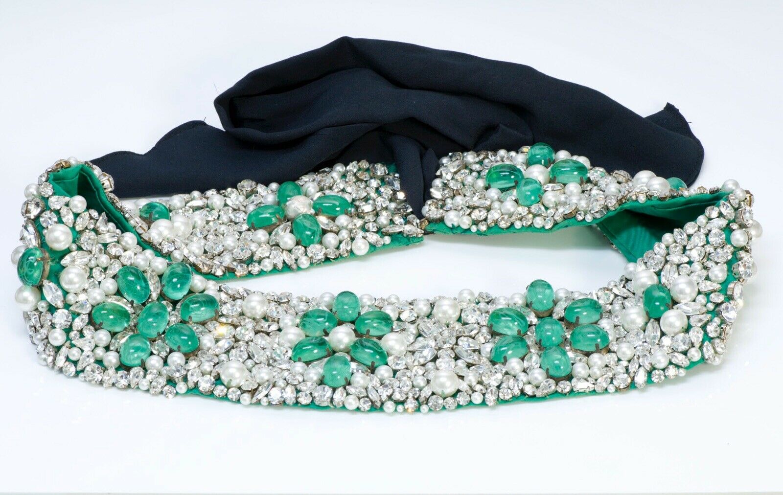 Vintage Maison GRIPOIX Wide Beaded Green Cabochon Glass Pearl Crystal Satin Belt