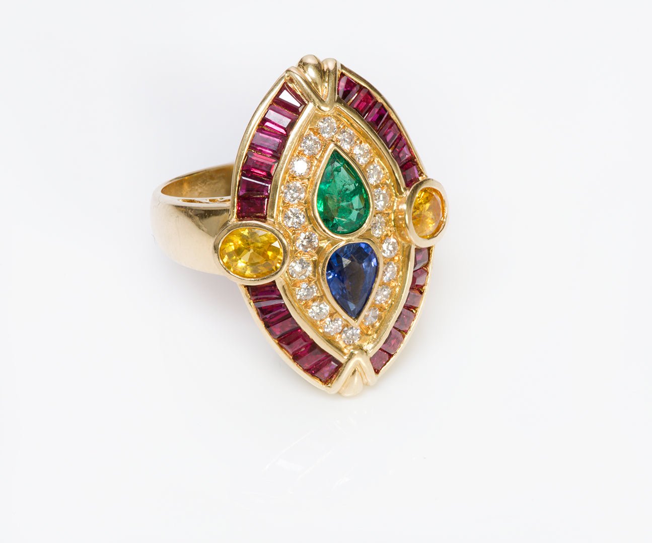Vintage Marquise 18K Gold Gemstone Ruby Emerald Sapphire Diamond Ring
