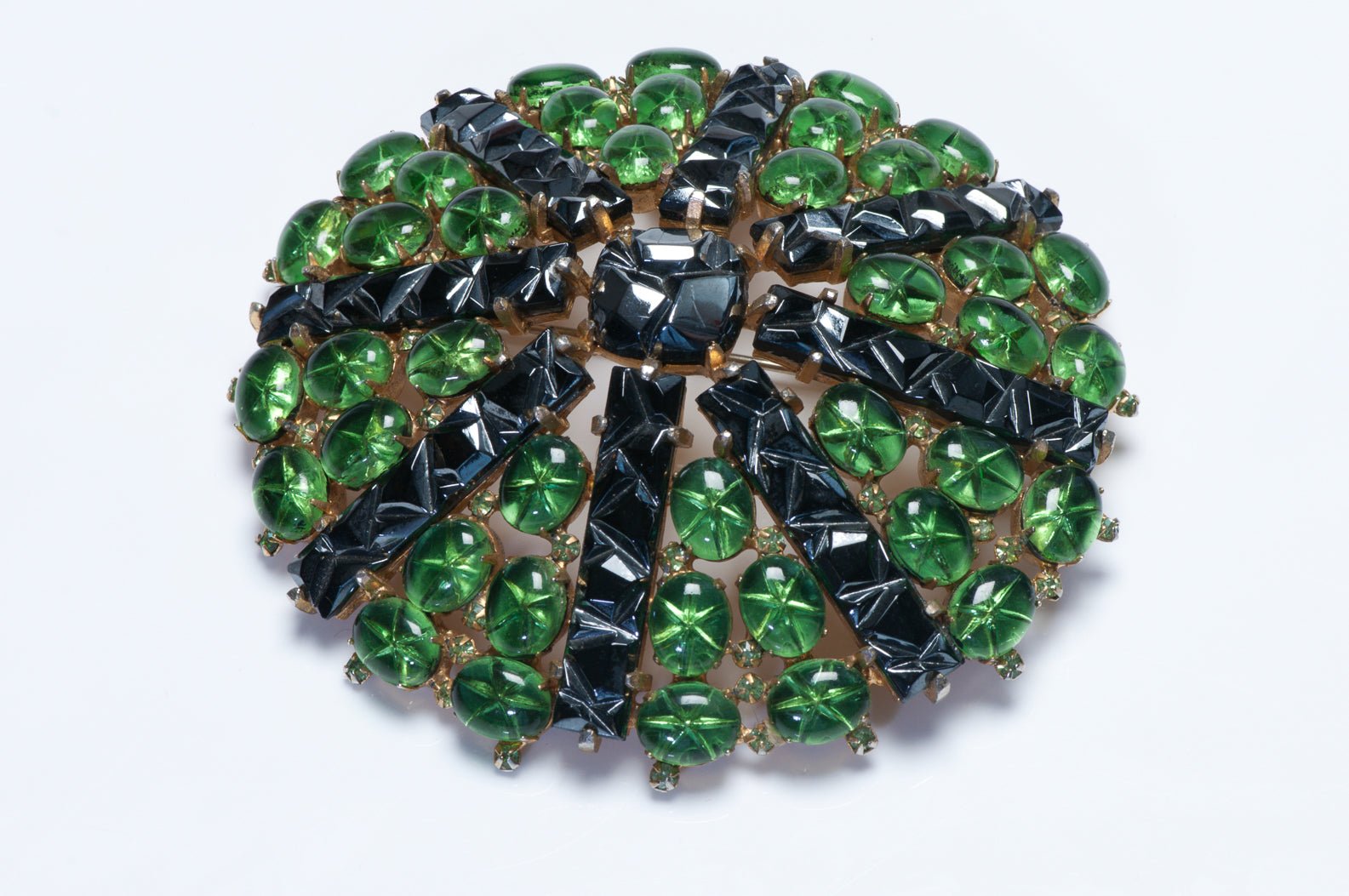 Vintage Marvella Green Black Cabochon Glass Crystal Large Flower Brooch