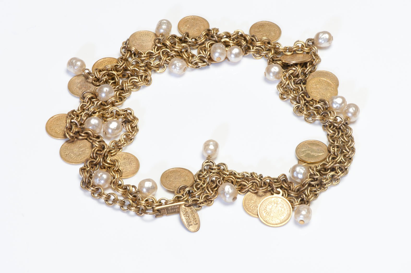 Vintage Miriam Haskell 1870 Maria Theresa Coin Pearl Necklace Hoop Earrings Set