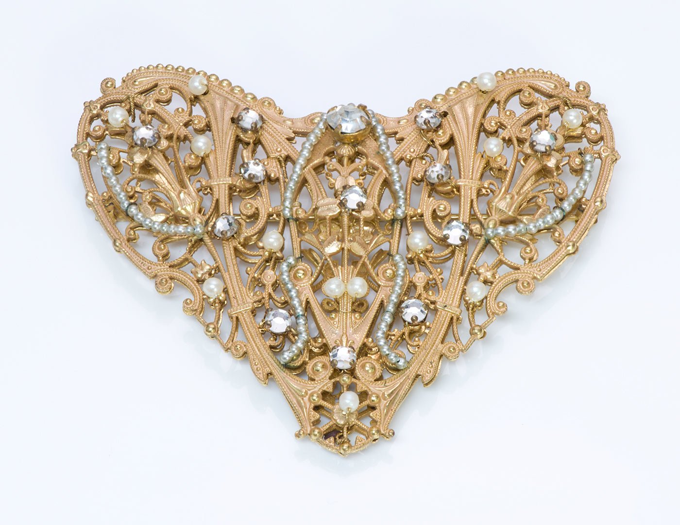 Vintage Miriam Haskell 1950’s Frank Hess Heart Crystal Pearl Brooch