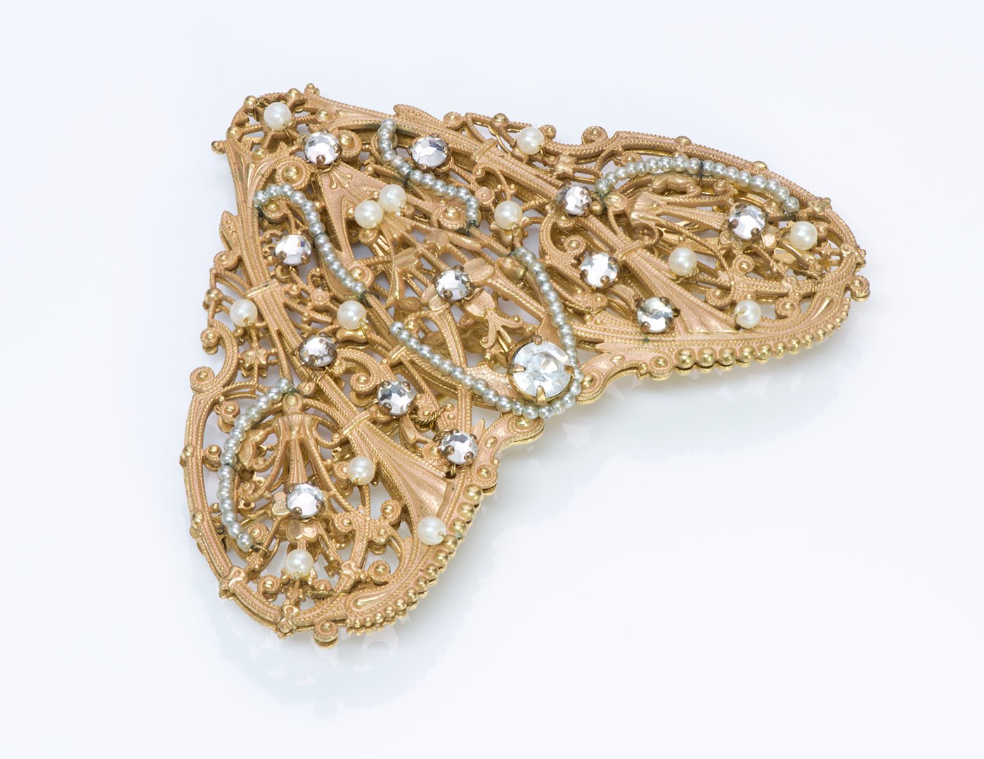 Vintage Miriam Haskell 1950’s Frank Hess Heart Crystal Pearl Brooch