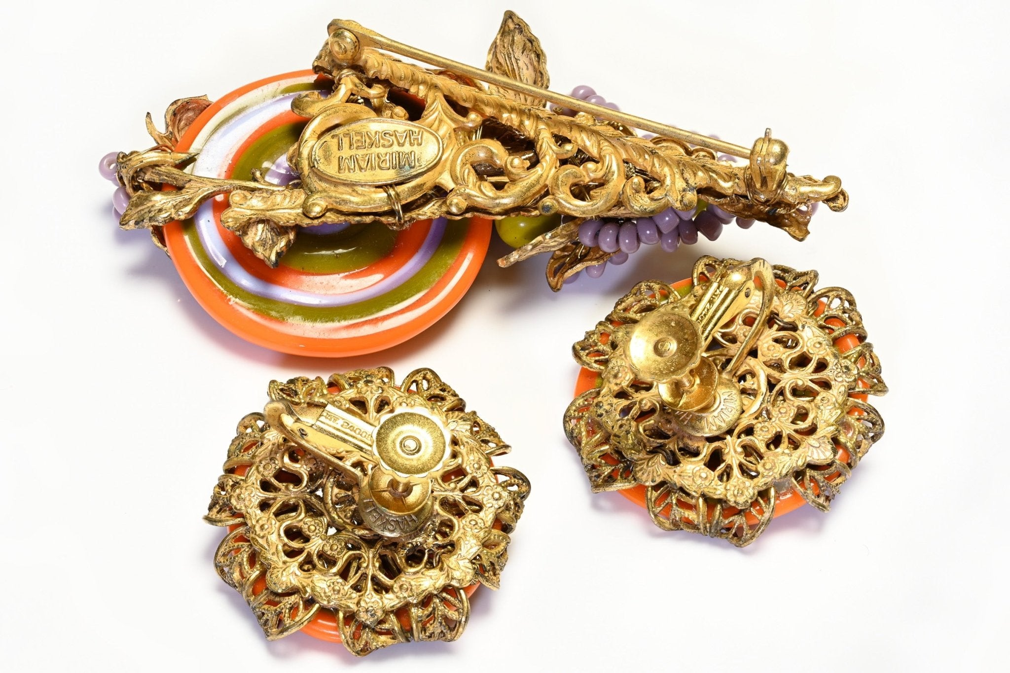 Vintage Miriam Haskell Orange Purple Green Glass Flower Brooch Earrings Set