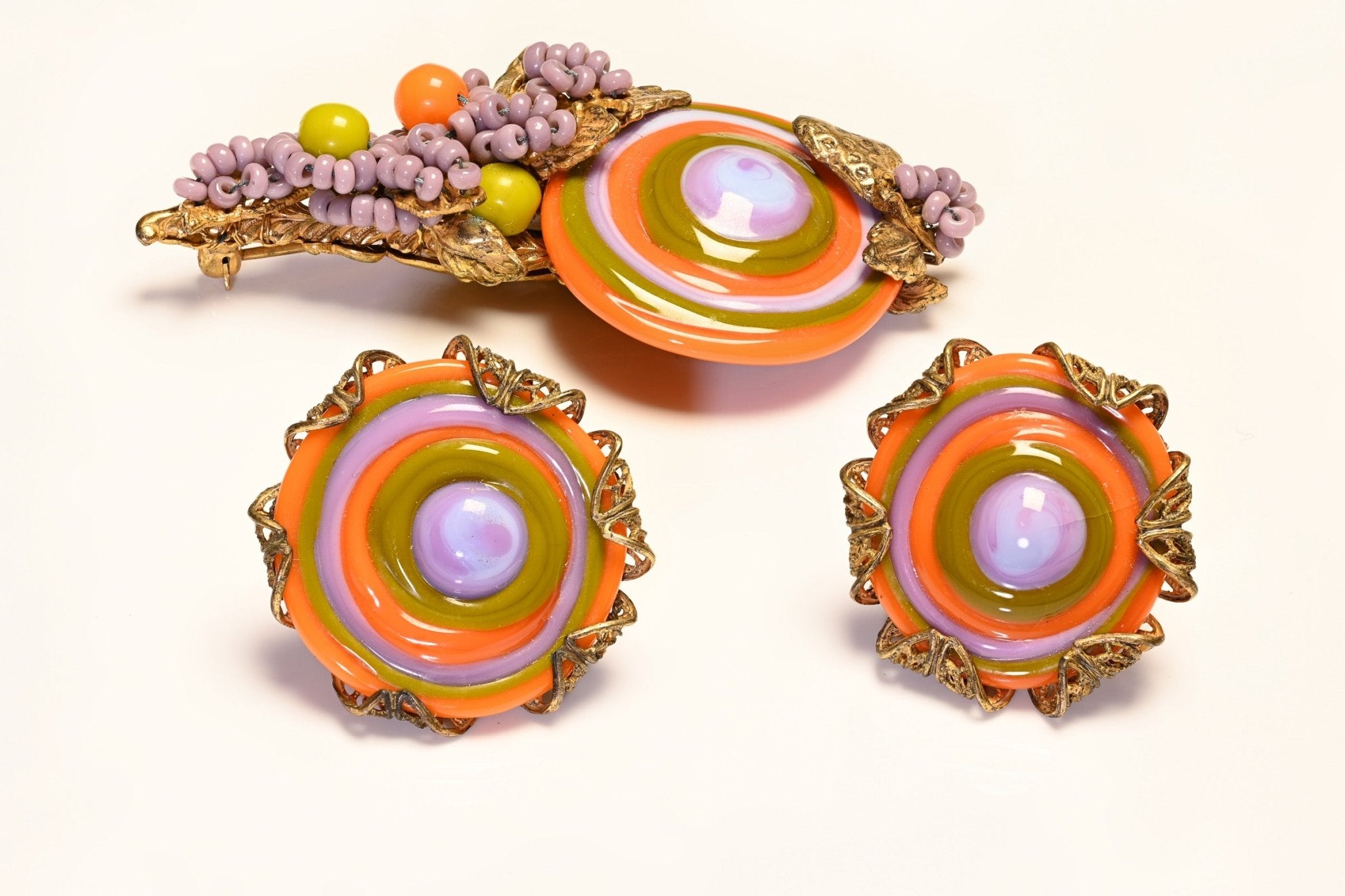 Vintage Miriam Haskell Orange Purple Green Glass Flower Brooch Earrings Set
