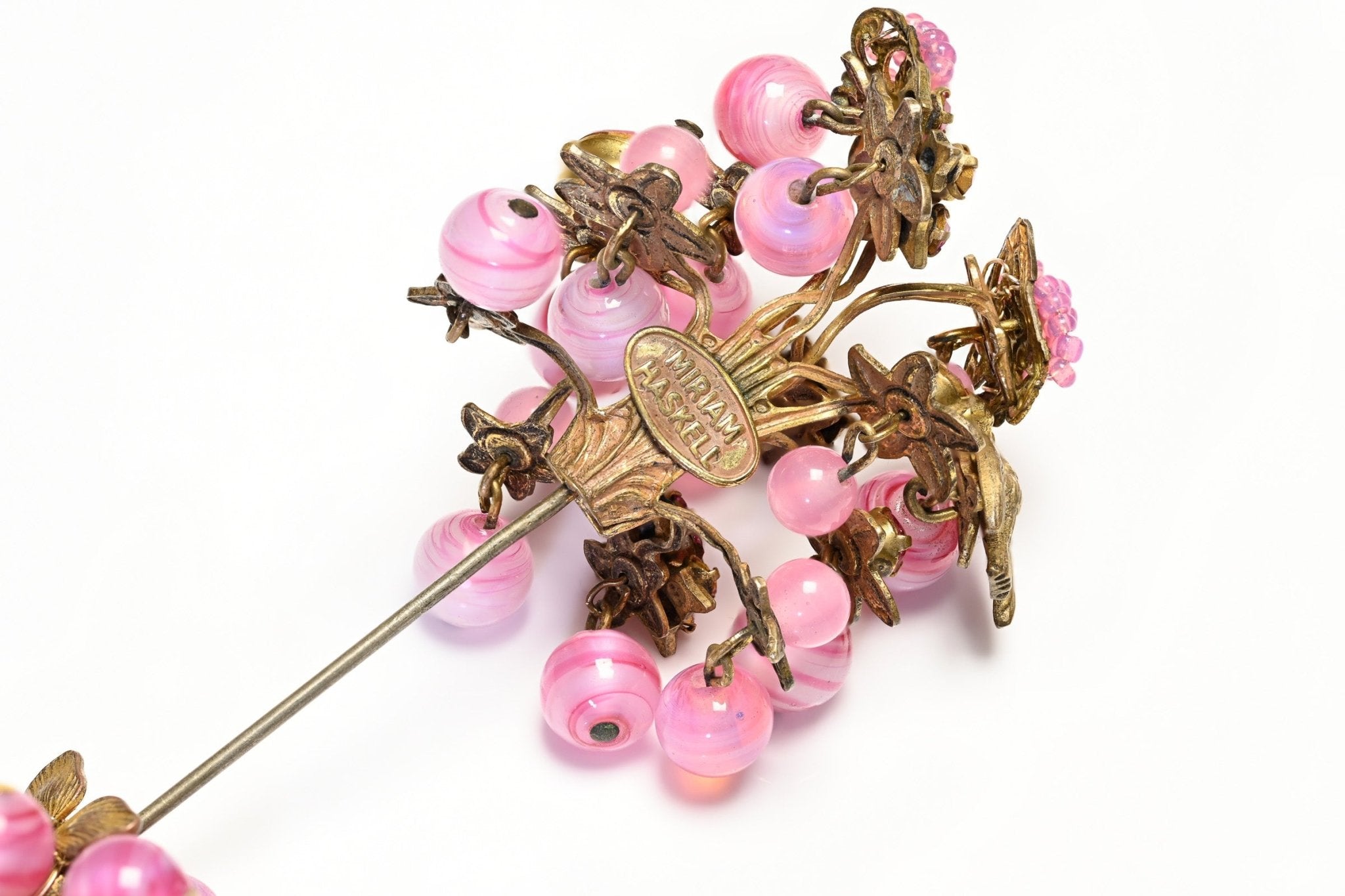 Vintage Miriam Haskell Pink Glass Beads Turtle Bird Heart Charm Stickpin Brooch