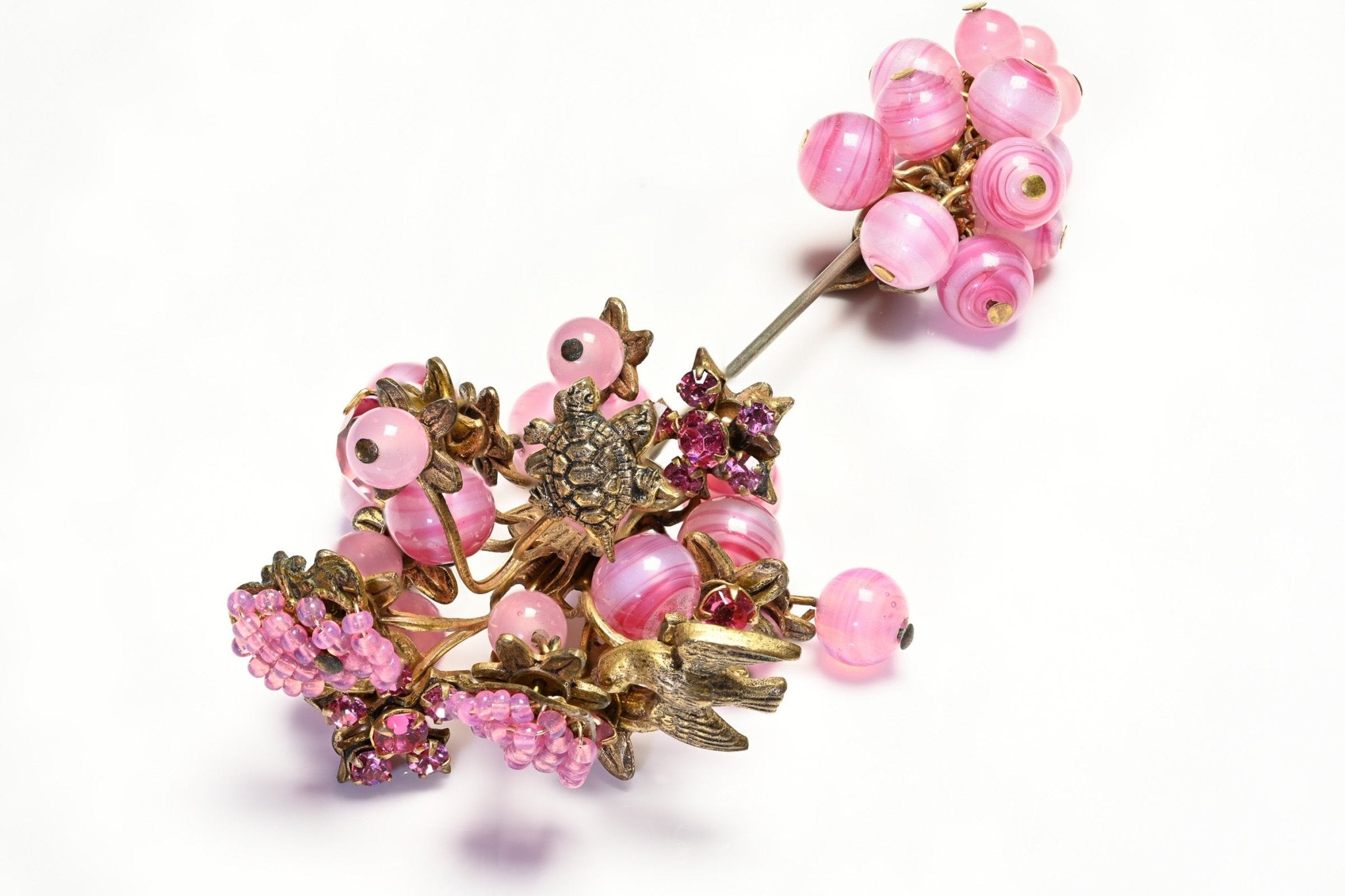 Vintage Miriam Haskell Pink Glass Beads Turtle Bird Heart Charm Stickpin Brooch
