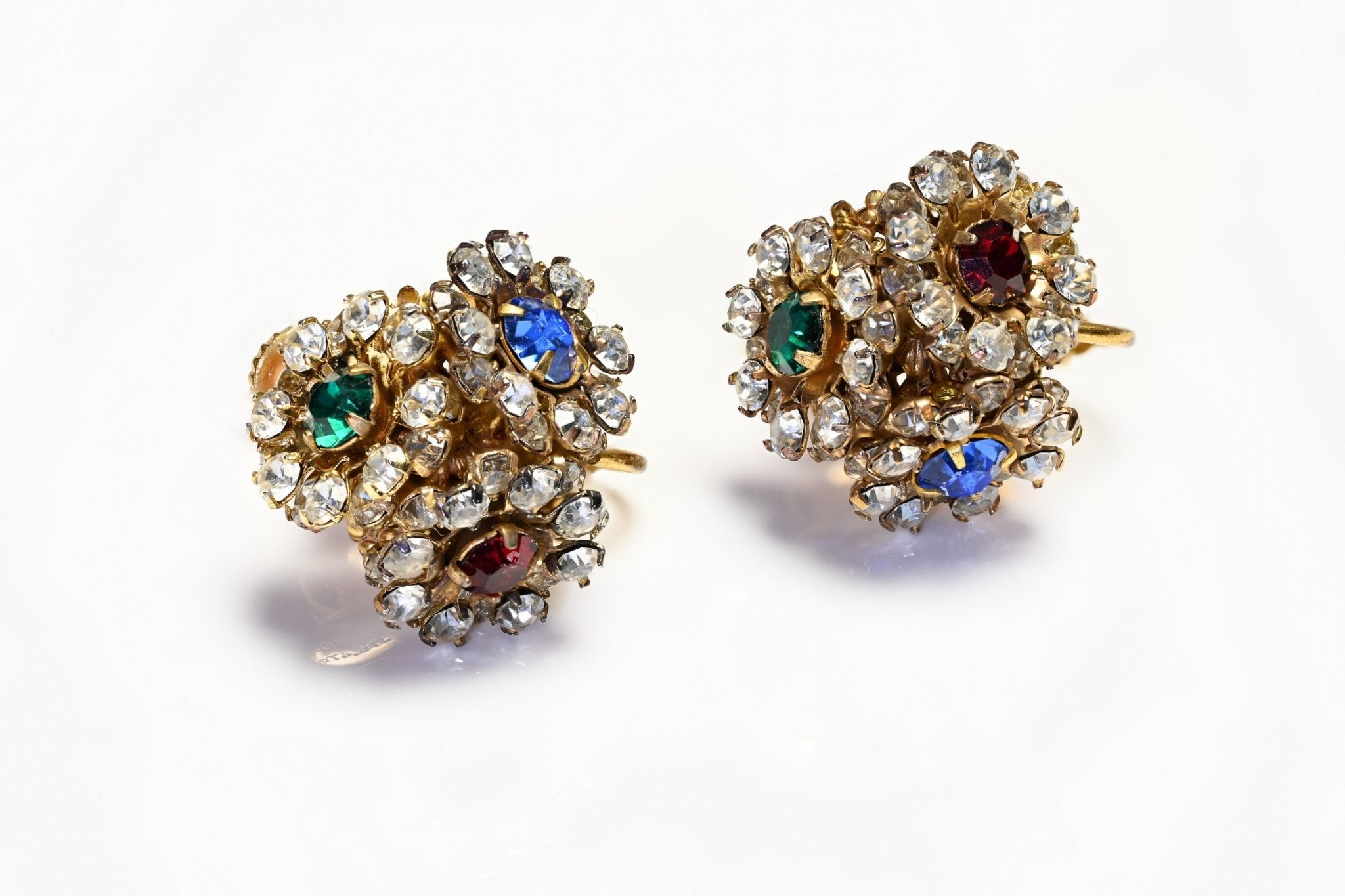 Vintage Miriam Haskell Red Blue Green Crystal Flower Earrings