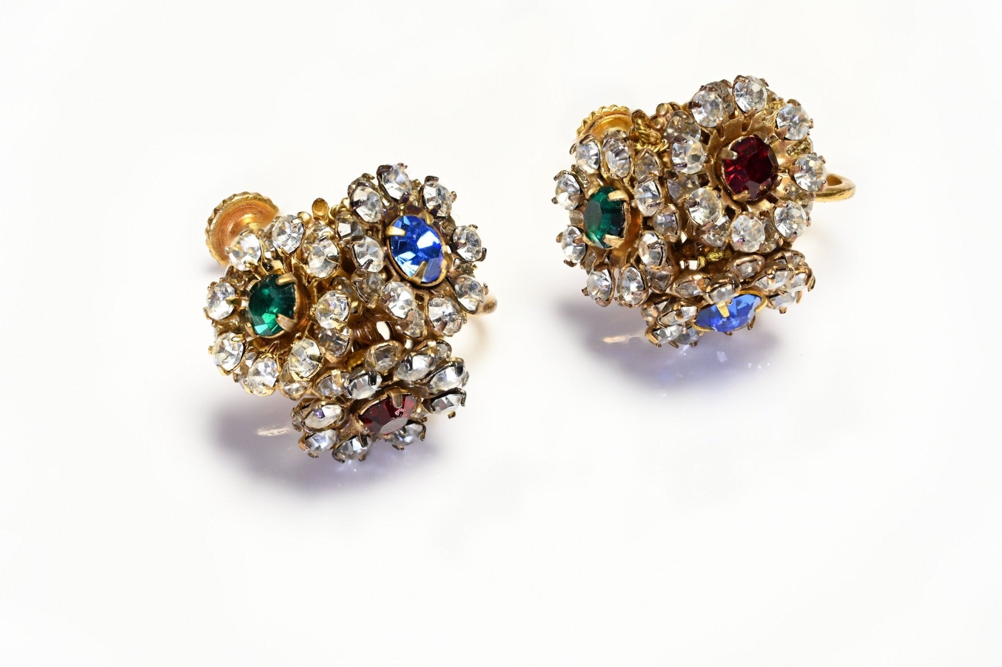 Vintage Miriam Haskell Red Blue Green Crystal Flower Earrings