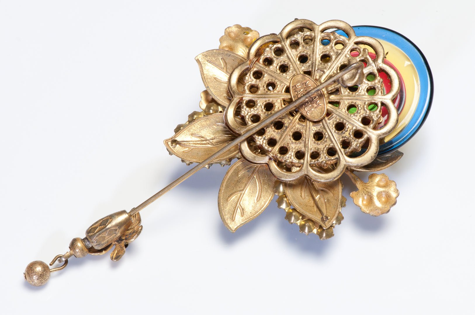 Vintage Miriam Haskell Red Blue Green Glass Crystal Flower Leaf Stickpin Brooch