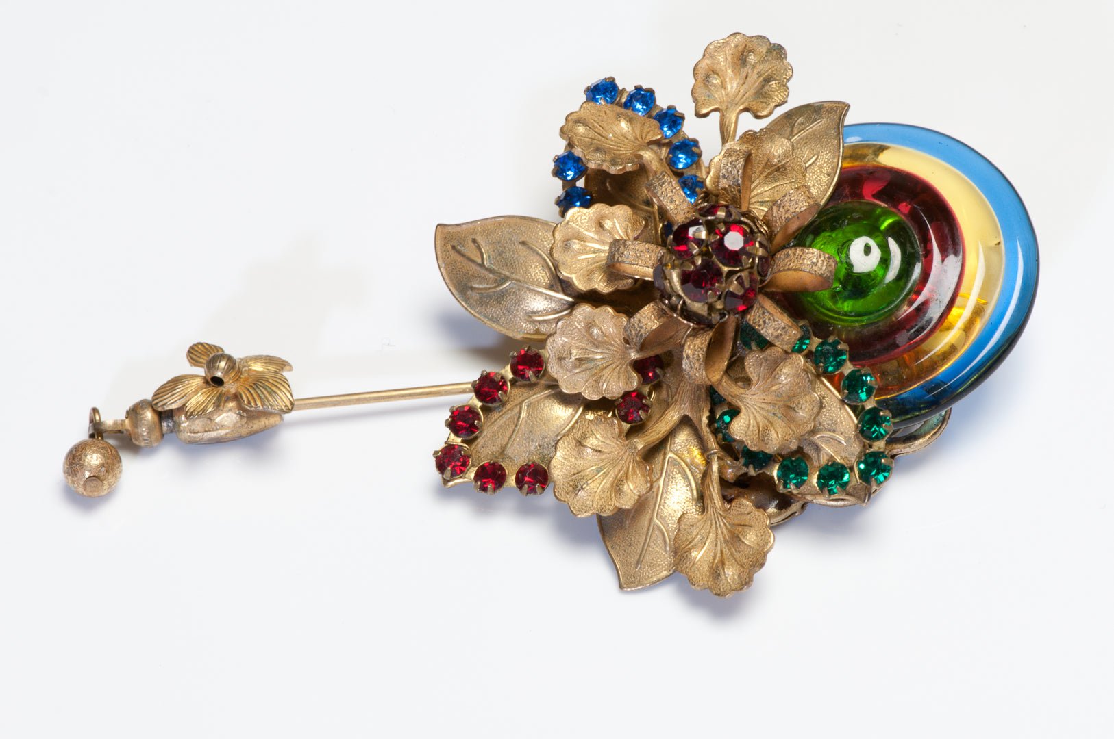 Vintage Miriam Haskell Red Blue Green Glass Crystal Flower Leaf Stickpin Brooch