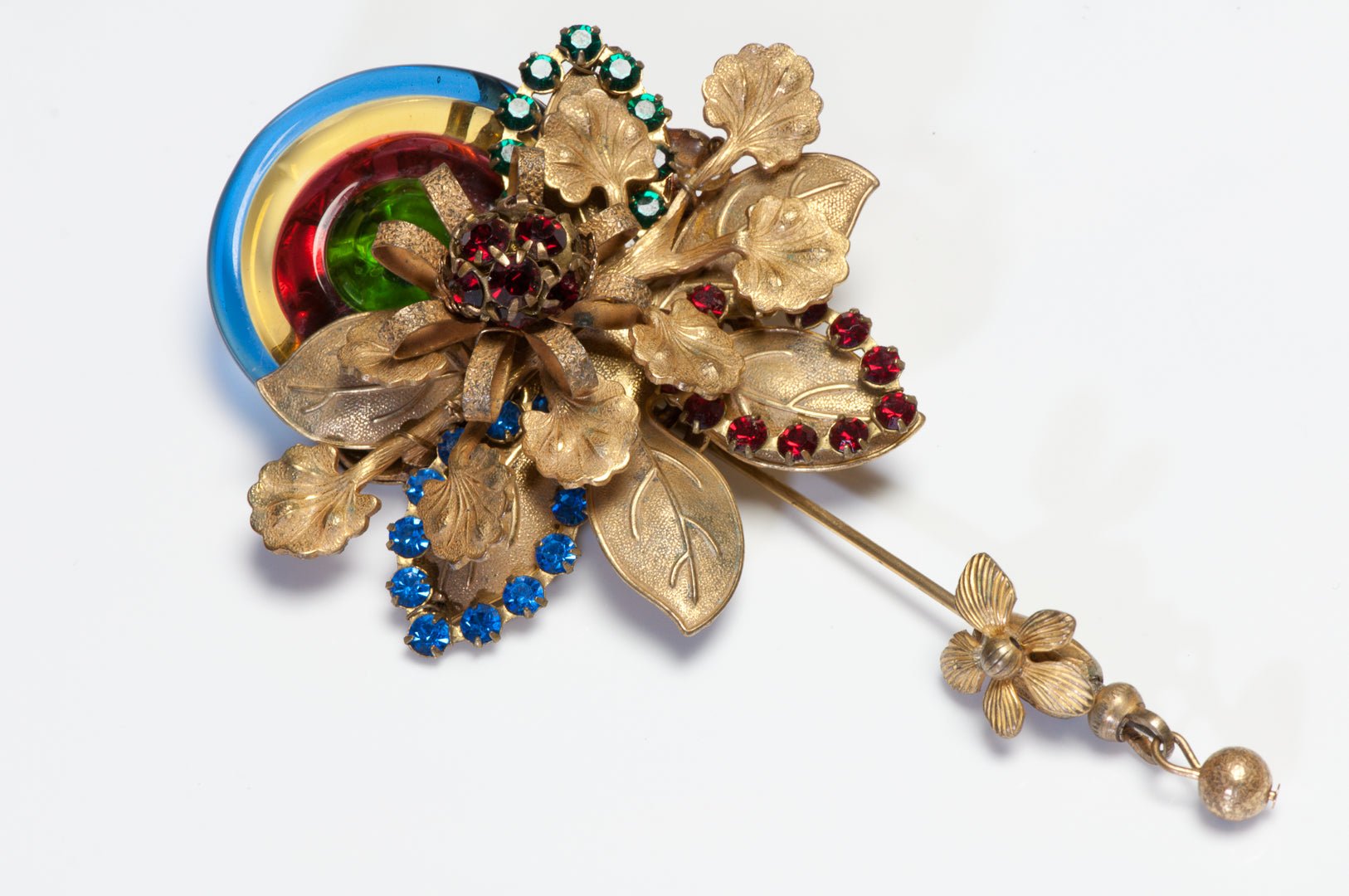 Vintage Miriam Haskell Red Blue Green Glass Crystal Flower Leaf Stickpin Brooch