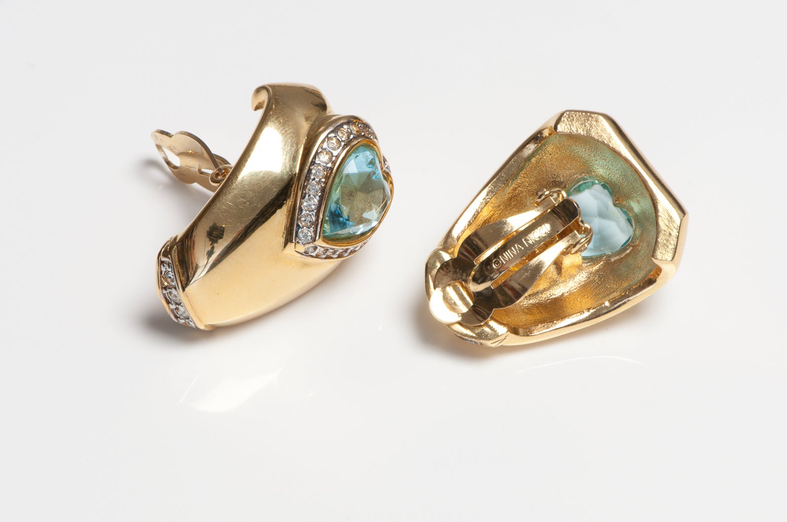 Vintage Nina Ricci Gold Plated Blue Crystal Heart Earrings