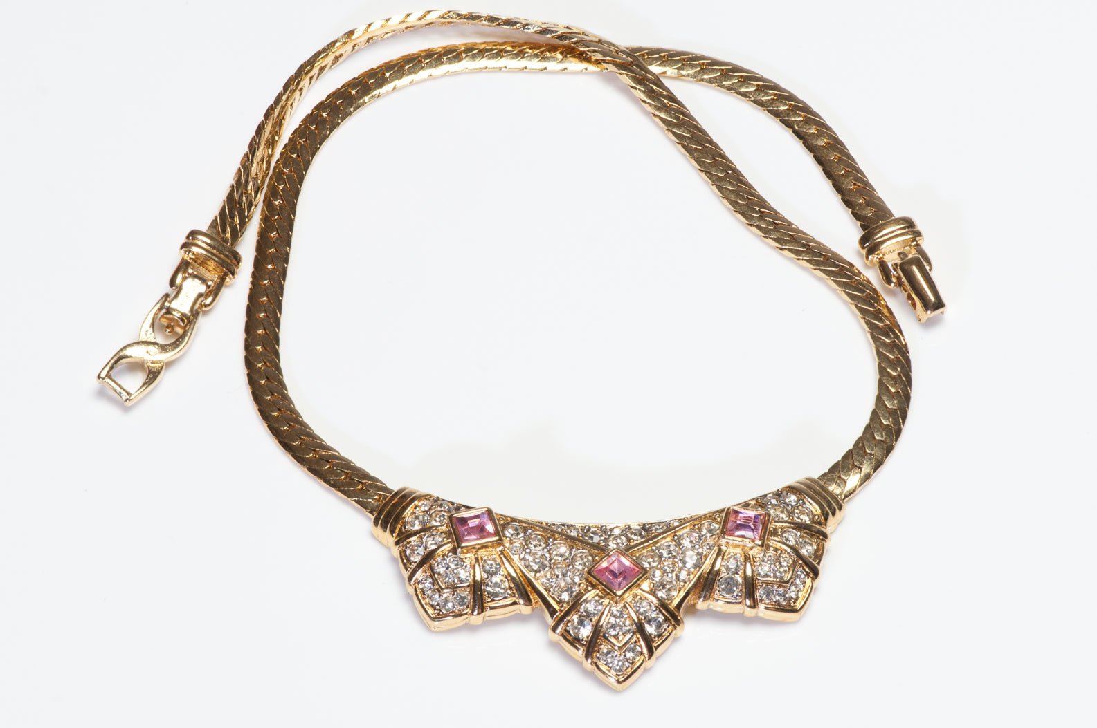 Vintage Nina Ricci Gold Plated Pink Crystal Earrings Necklace Set