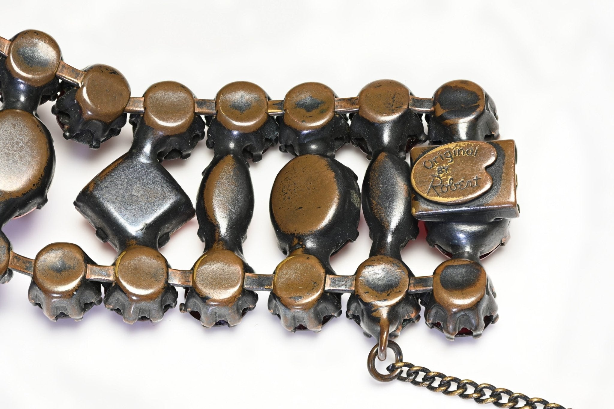 Vintage Original By Robert Wide Red Pink Cabochon Crystal Bracelet