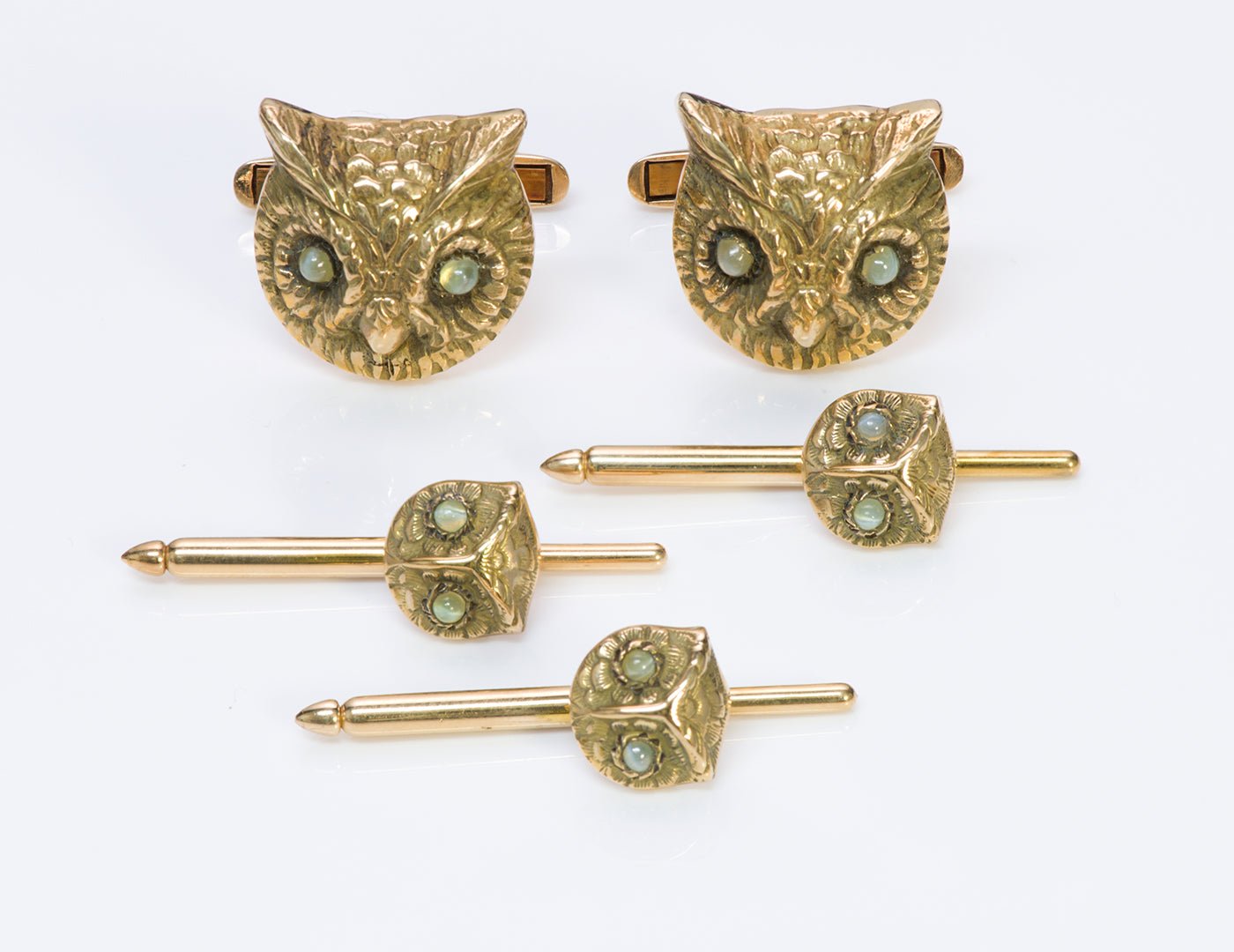 Vintage Owl Cats Eye Gold Cufflink & Stud Set