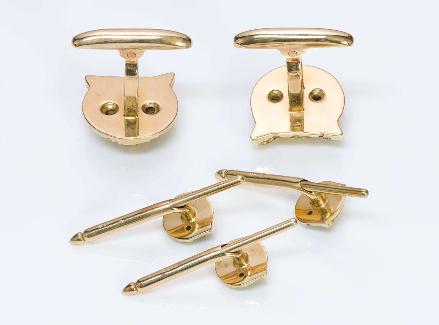 Vintage Owl Cats Eye Gold Cufflink & Stud Set