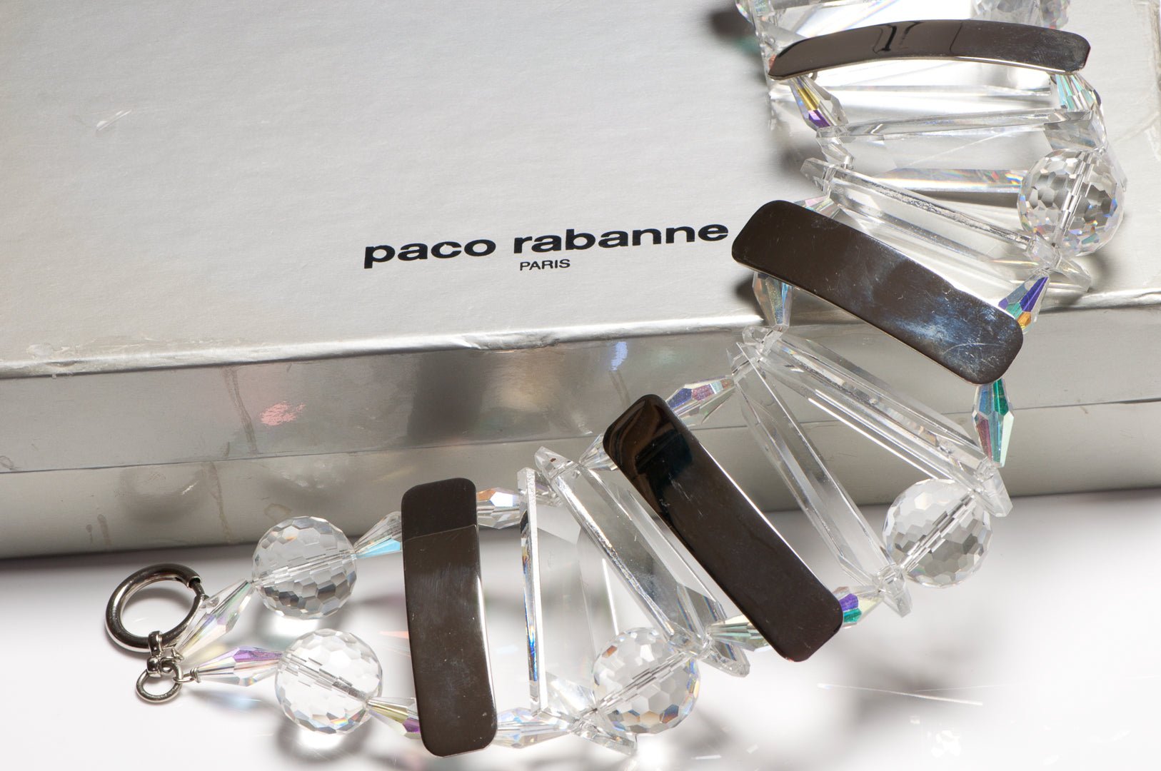 Vintage Paco Rabanne Paris Wide Silver Tone Metal Glass Crystal Choker Necklace