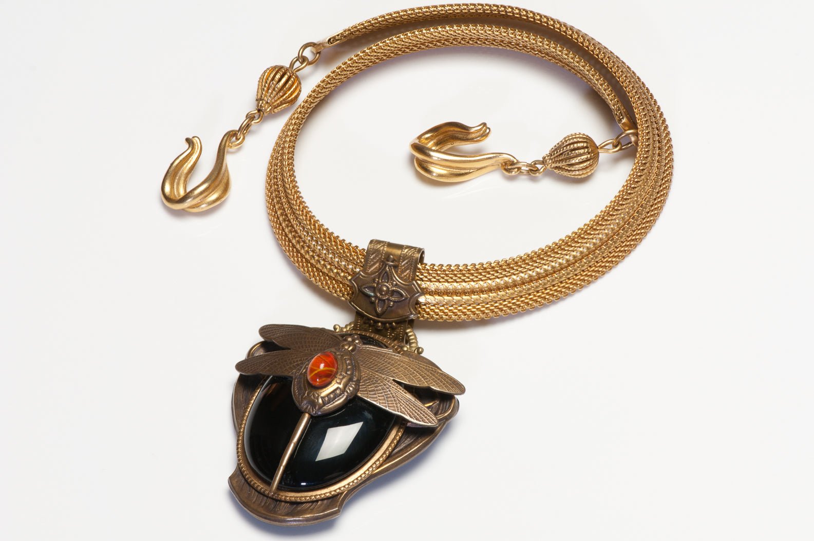 Vintage Patrice Black Orange Glass Dragonfly Pendant Necklace