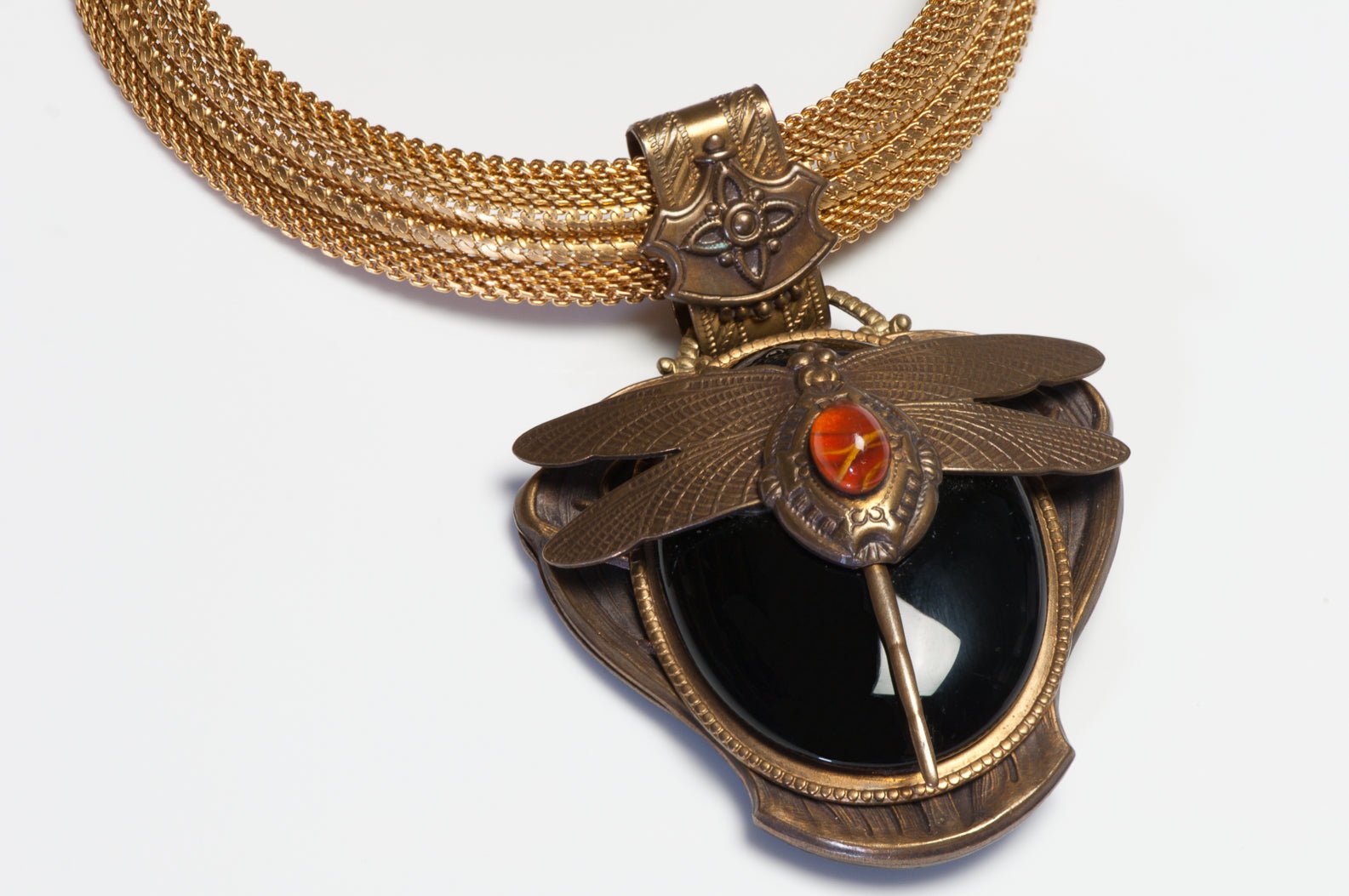 Vintage Patrice Black Orange Glass Dragonfly Pendant Necklace