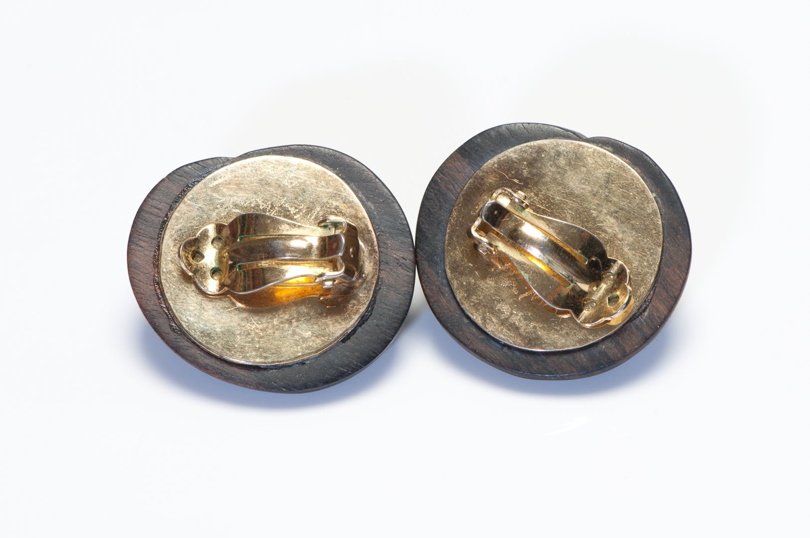 Vintage Patricia Von Musulin Sterling 14K Gold Inlaid Dot Wood Shell Earrings