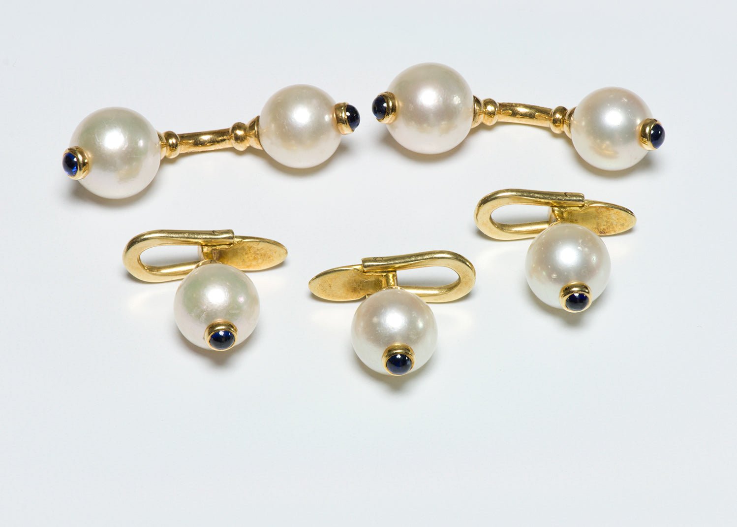 Vintage Pearl 18K Gold Sapphire Cufflink & Stud Set