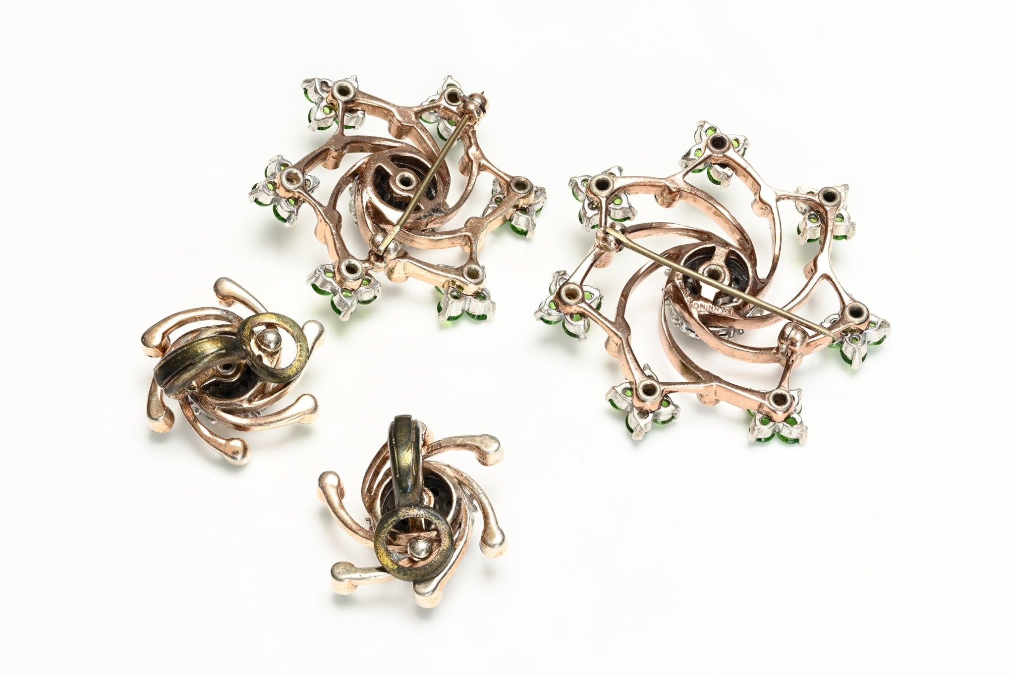 Vintage Pennino Sterling Silver Green Crystal Flower Brooch Earrings Set
