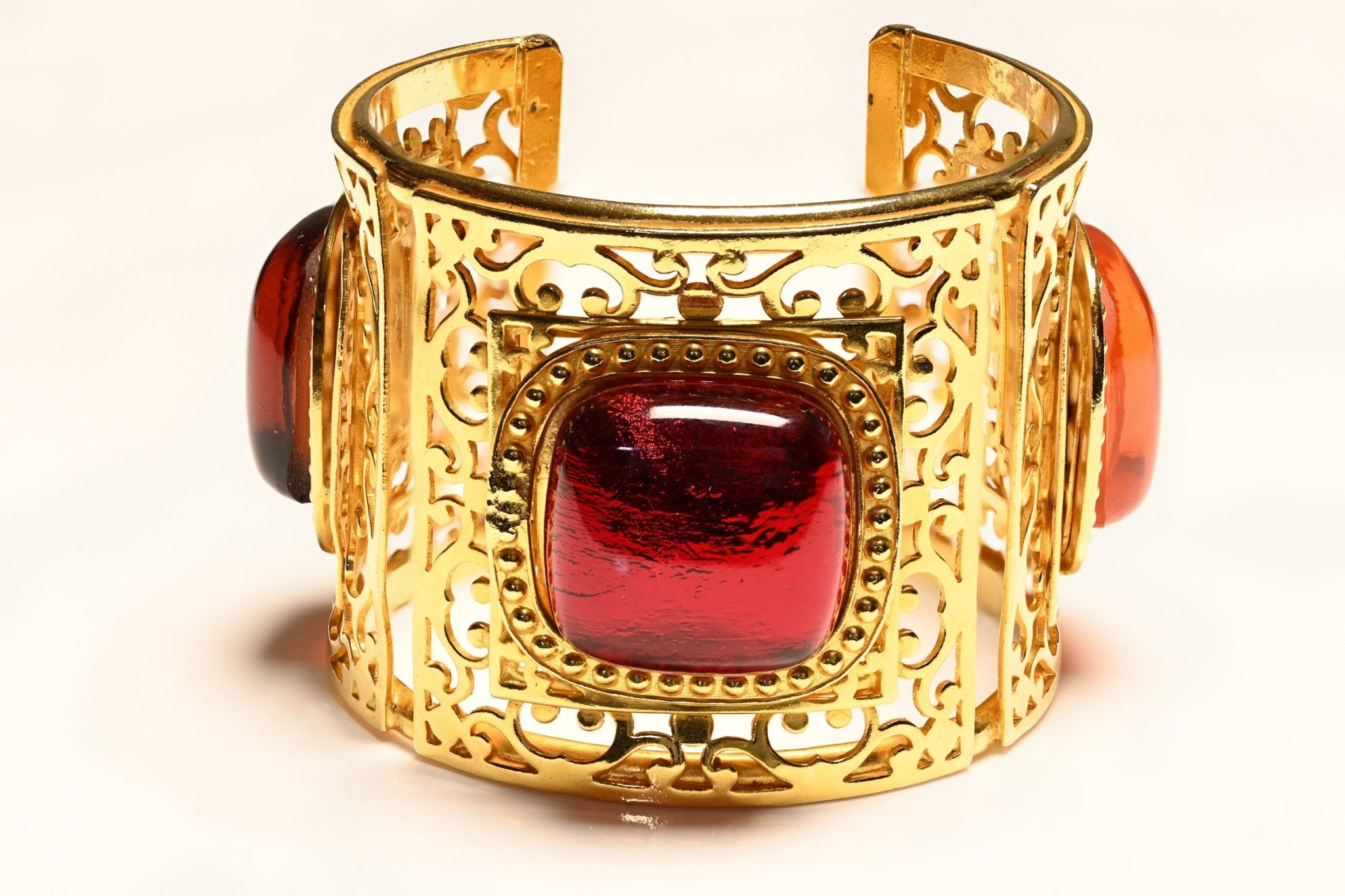 Vintage Philippe Ferrandis Paris Wide Red Orange Cabochon Cuff Bracelet