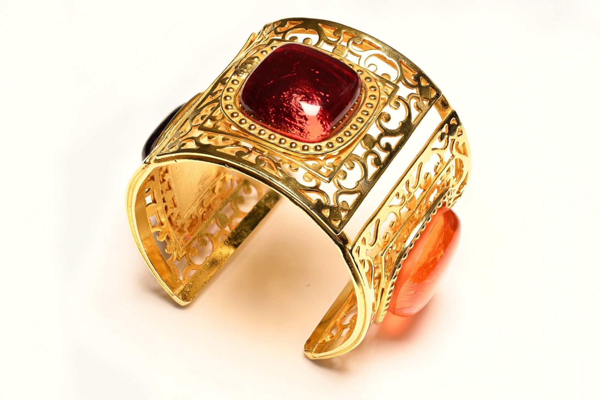 Vintage Philippe Ferrandis Paris Wide Red Orange Cabochon Cuff Bracelet