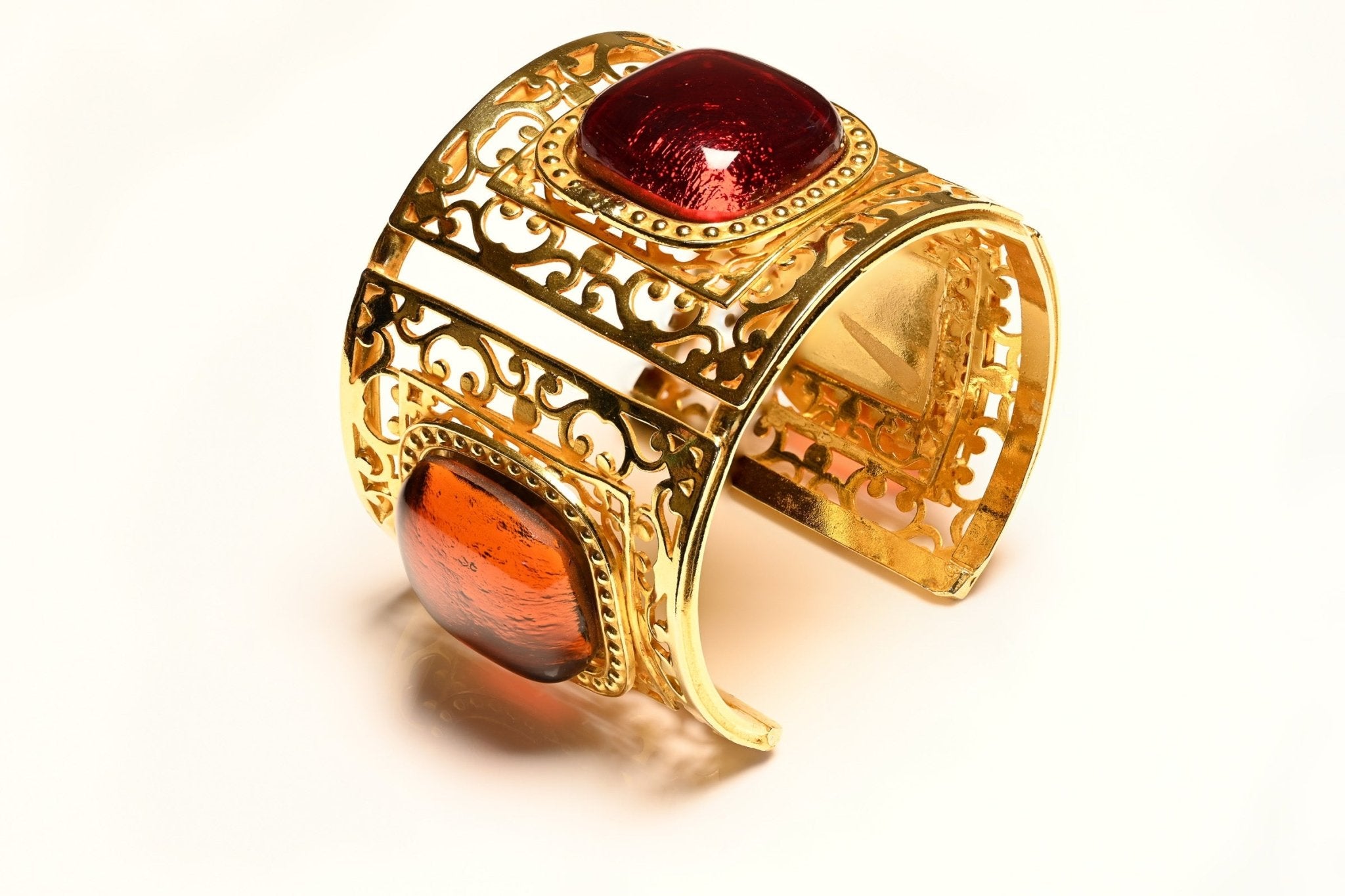 Vintage Philippe Ferrandis Paris Wide Red Orange Cabochon Cuff Bracelet