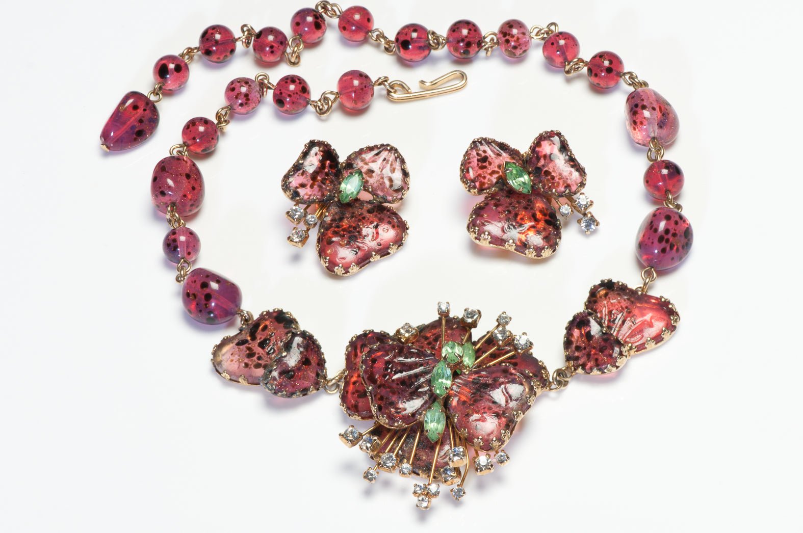 Vintage Pink Poured Glass Green Crystal Butterfly Flower Earrings Necklace Set