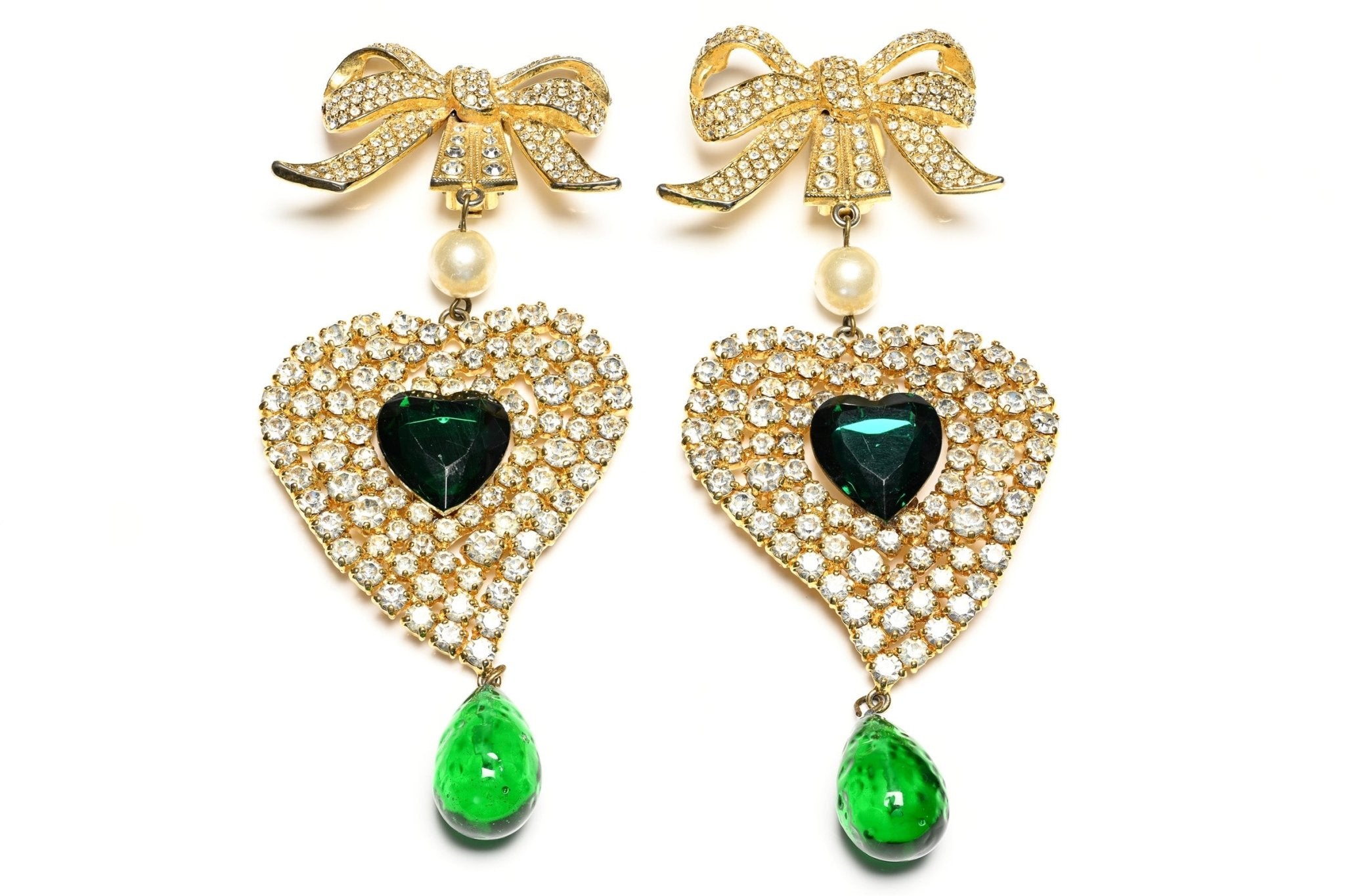 Vintage Rena Lange Paris Gripoix Green Glass Heart Bow Shoulder Duster Earrings