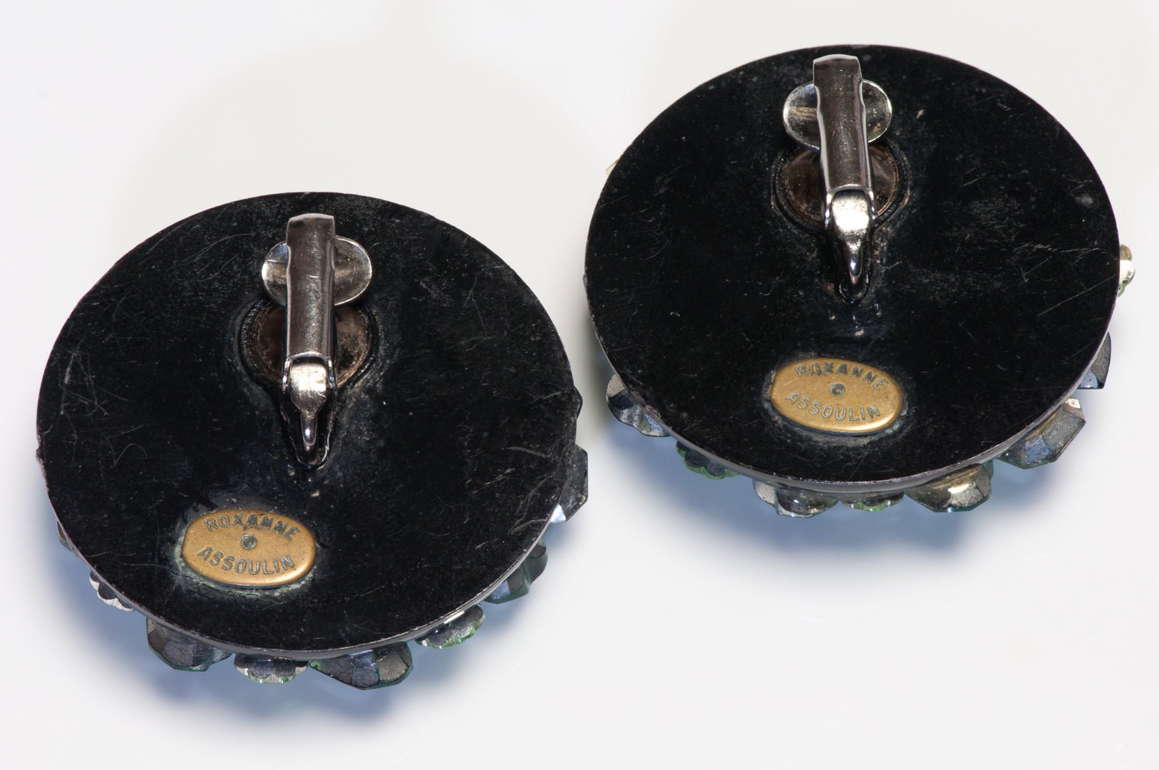 Vintage Roxanne Assoulin Green Blue Crystal Flower Heart Earrings