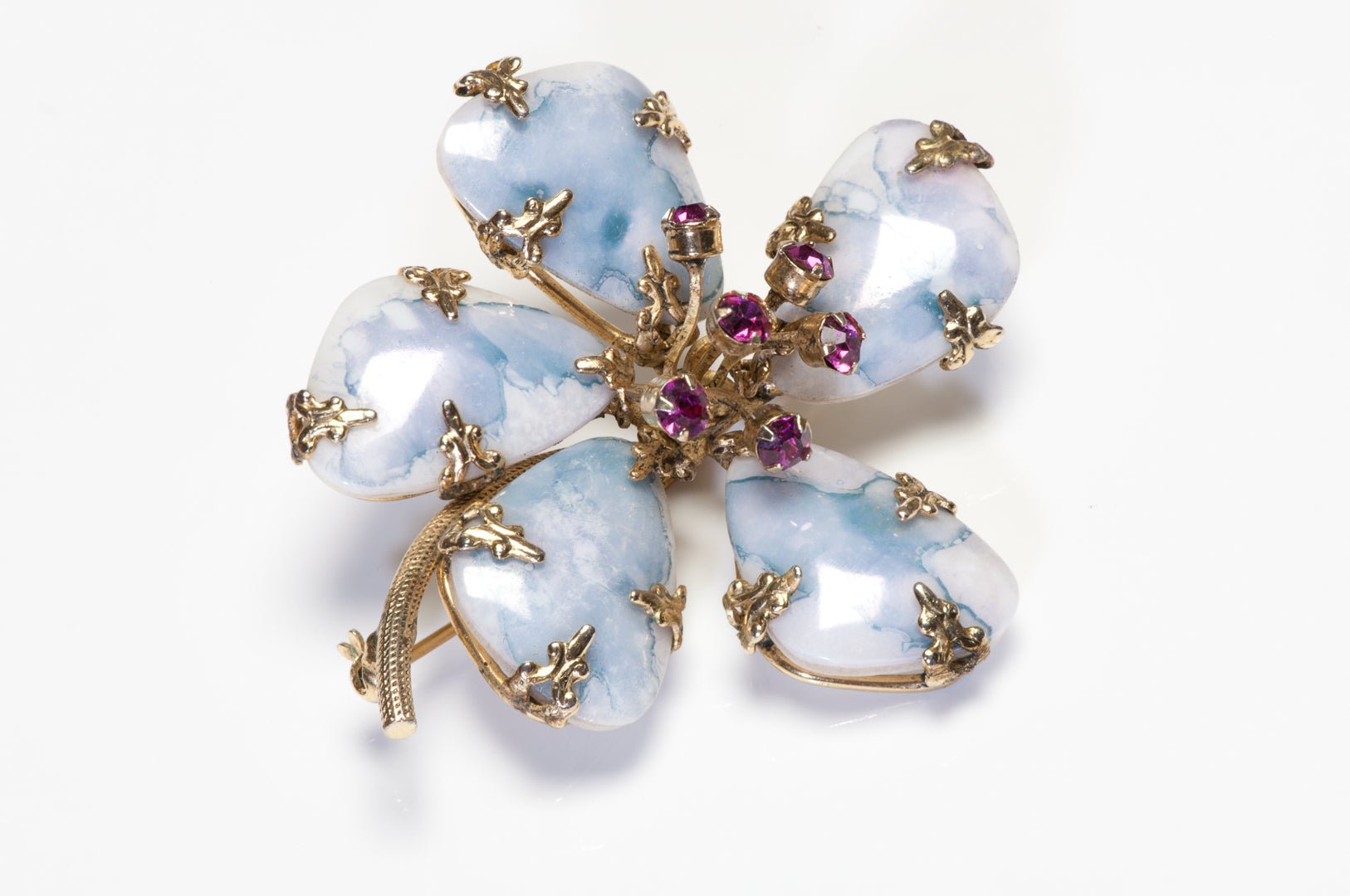 Vintage Schreiner NY 1950’s Blue Marbleized Stone Pink Crystal Flower Brooch