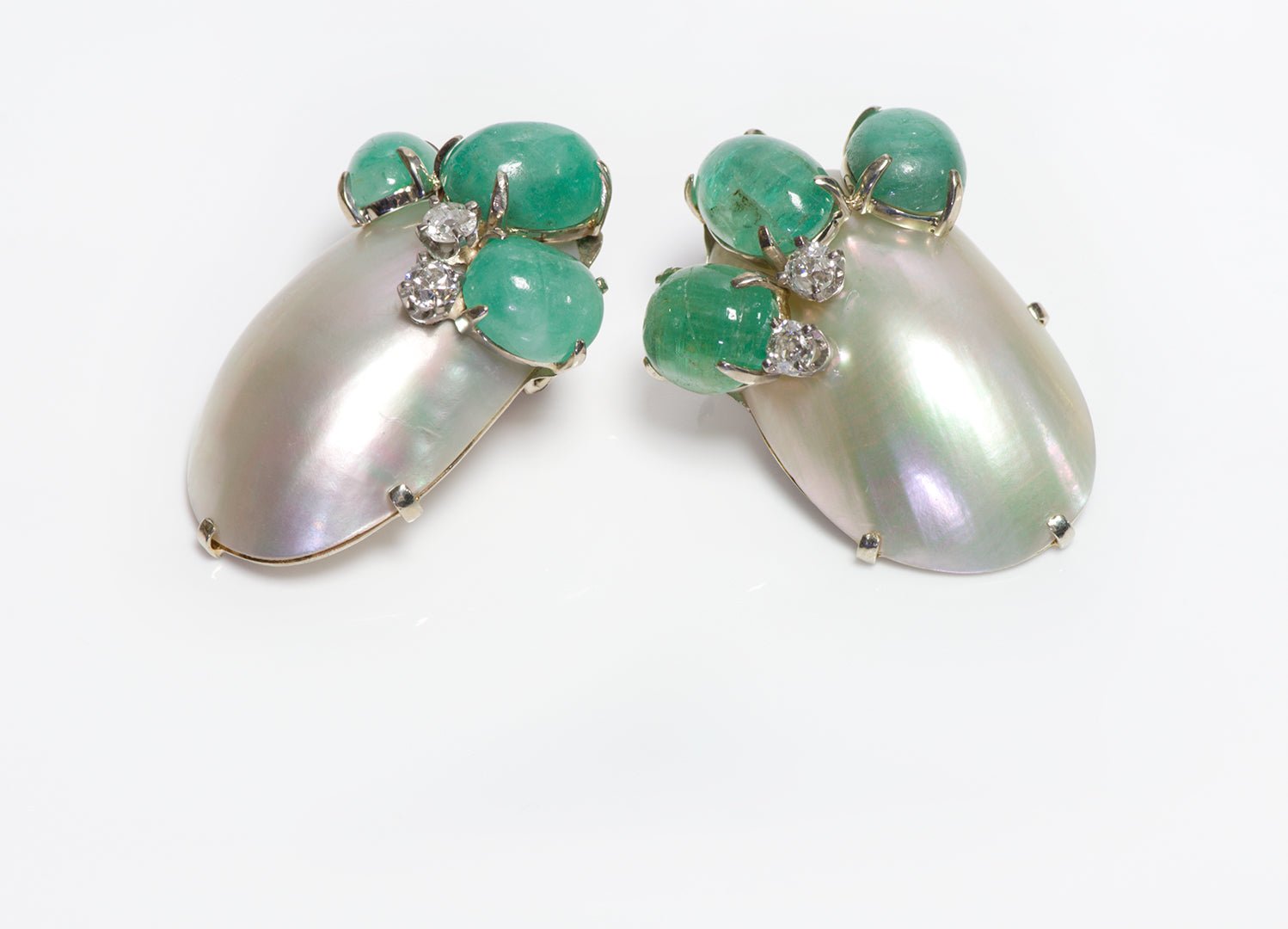 Vintage Seaman Schepps Gold Emerald Diamond Shell Earrings