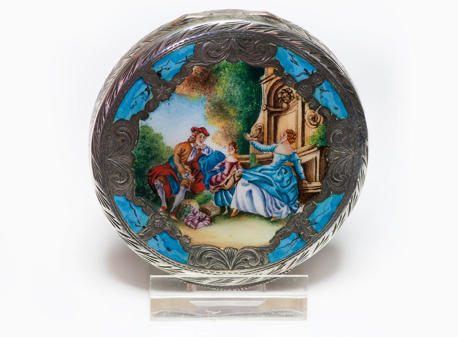 Vintage Silver Enamel Italian Round Compact