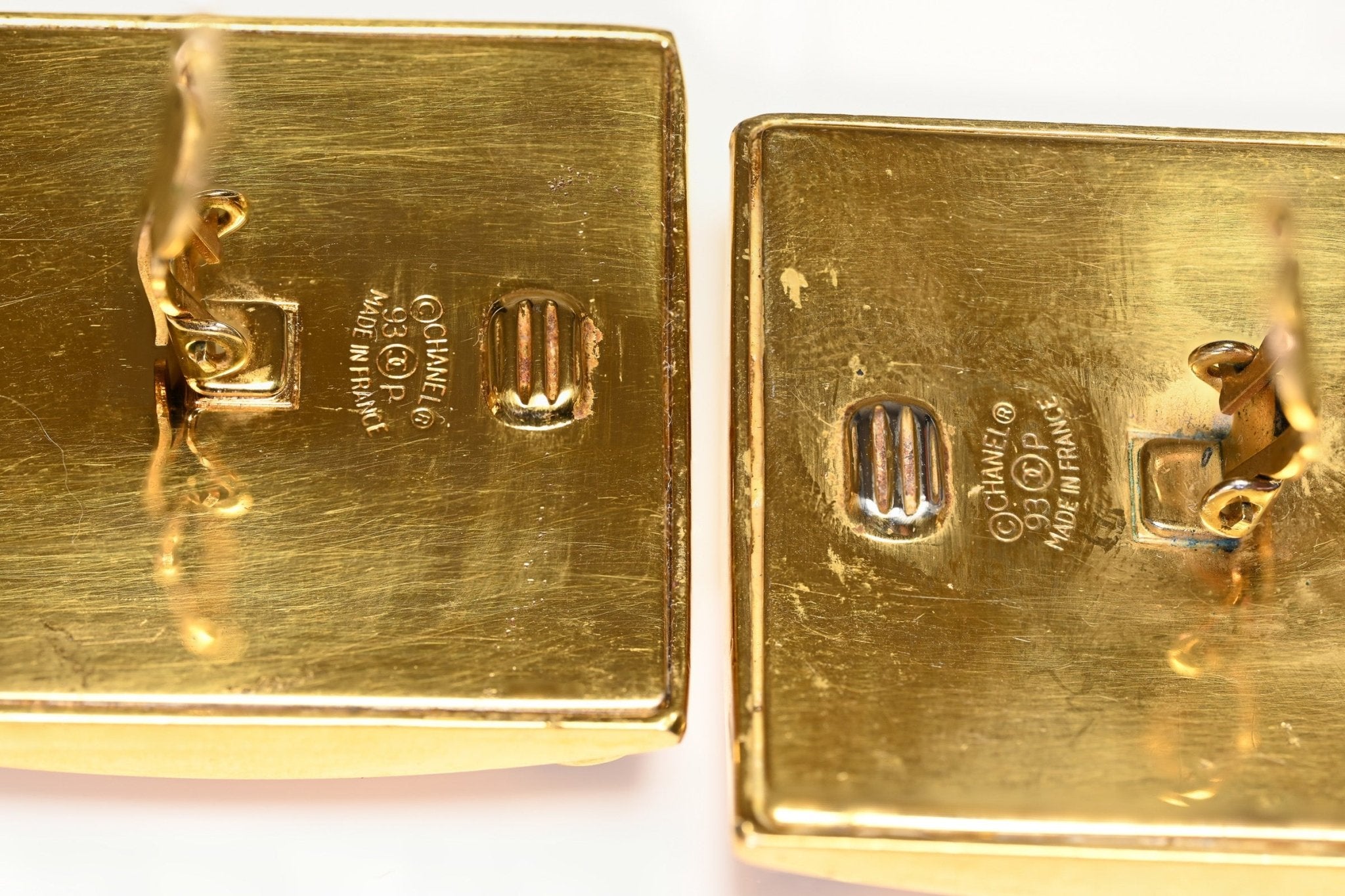 Vintage Spring 1993 Chanel Paris Large Gold Plated CC Square Screw Earrings
