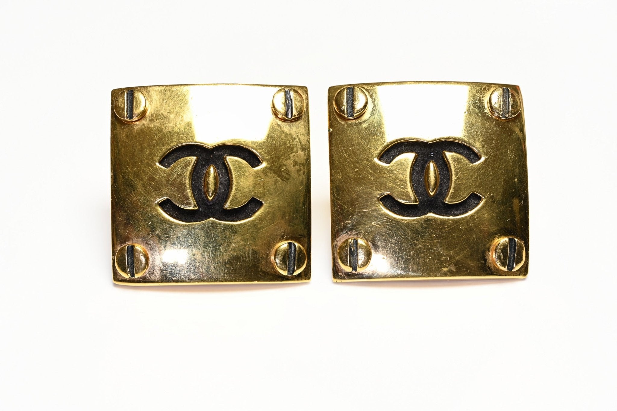 Vintage Spring 1993 Chanel Paris Large Gold Plated CC Square Screw Earrings