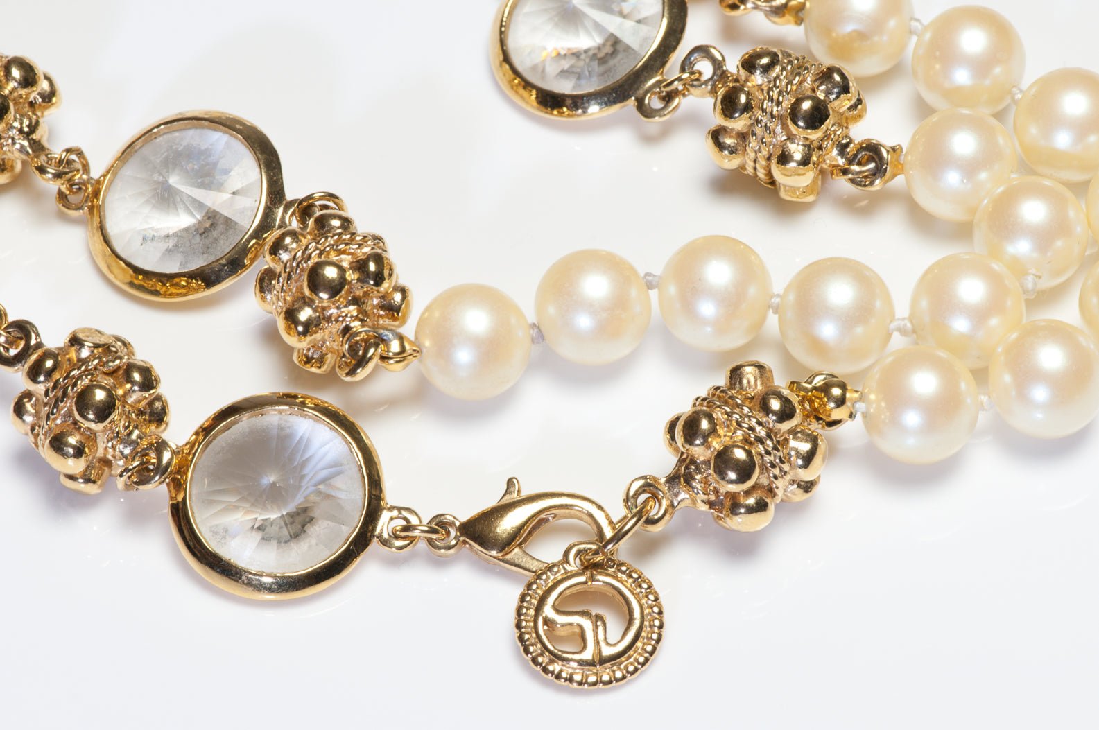 Vintage St. John Gold Plated Crystal Faux Pearl Sautoir Necklace