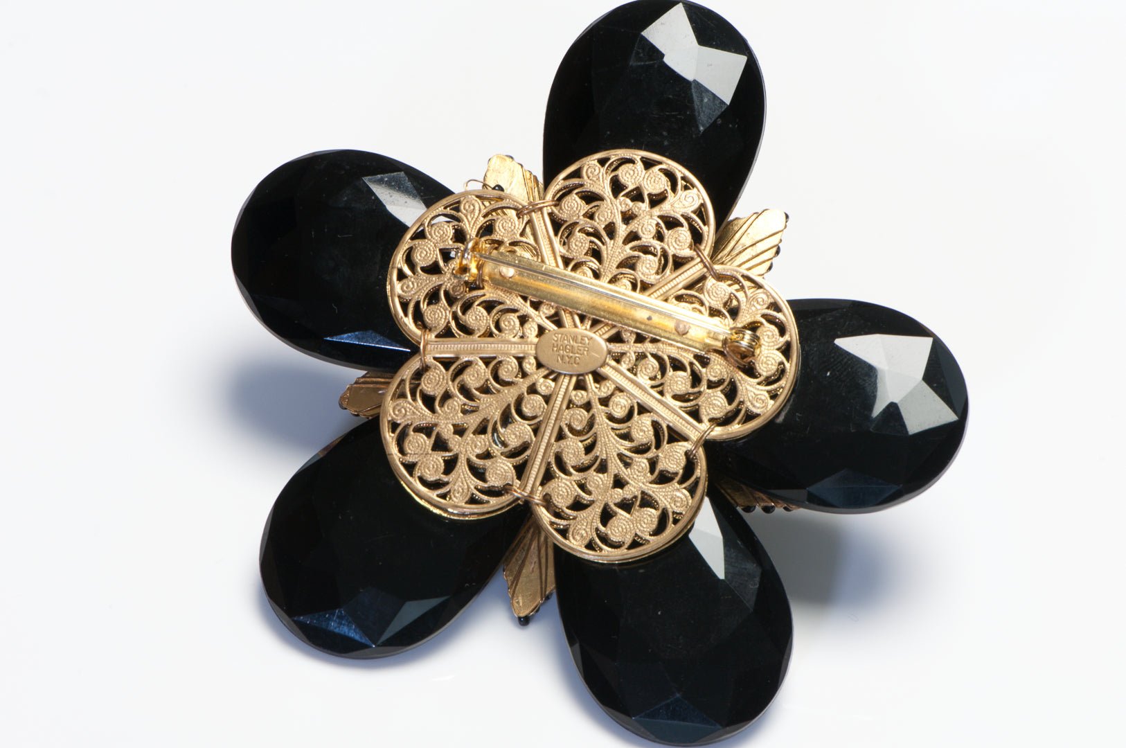 Vintage Stanley Hagler NYC Black Glass Beads Crystal Pearl Large Flower Brooch