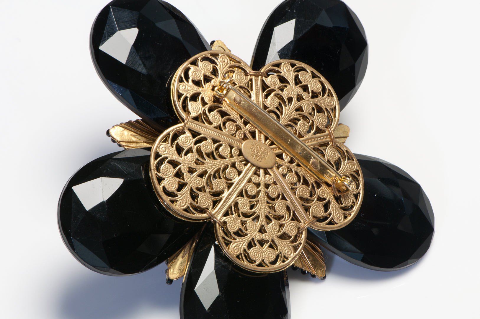 Vintage Stanley Hagler NYC Black Glass Beads Crystal Pearl Large Flower Brooch