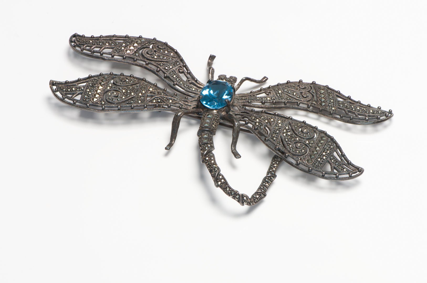 Vintage Sterling Silver Marcasite Blue Crystal Large Dragonfly Brooch
