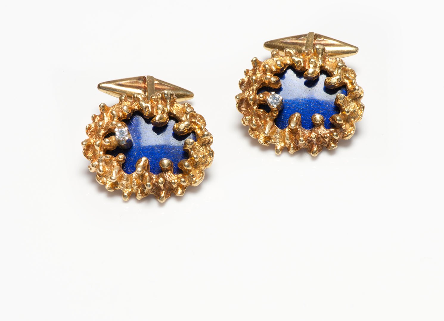 Vintage Textured 18K Yellow Gold Lapis & Diamond Cufflinks