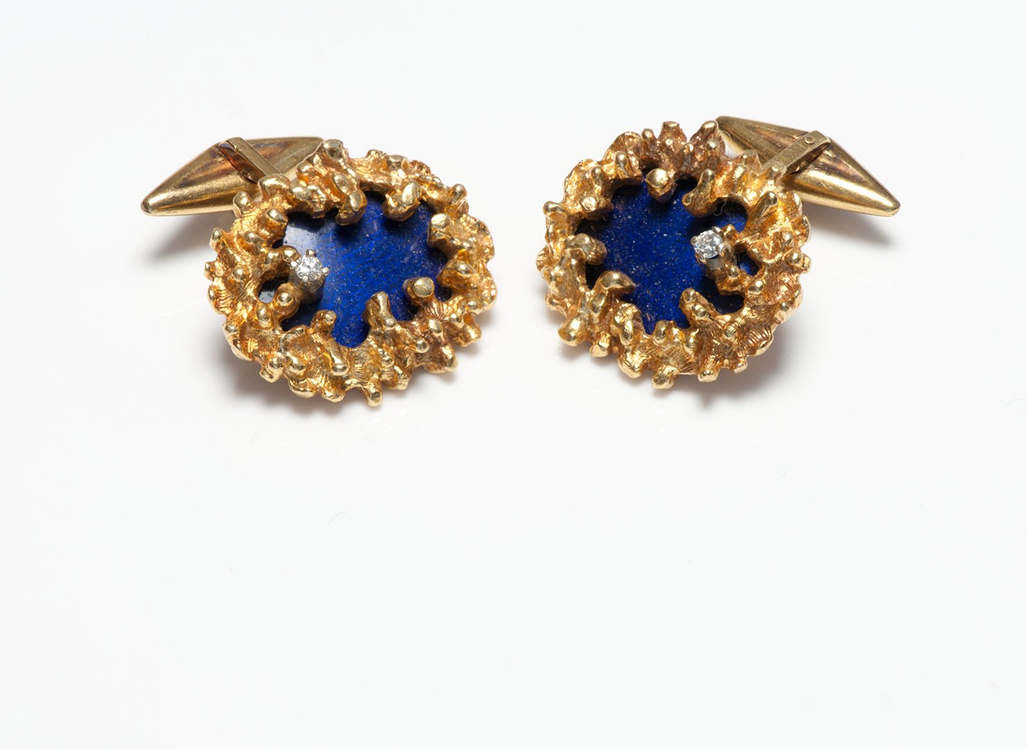 Vintage Textured 18K Yellow Gold Lapis & Diamond Cufflinks