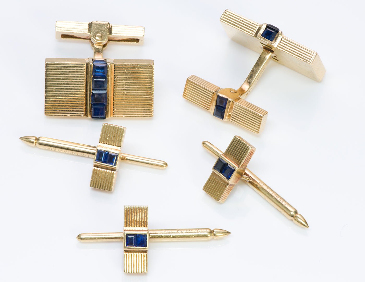 Vintage Tiffany Co. 14K Gold Sapphire Cufflink & Stud Set