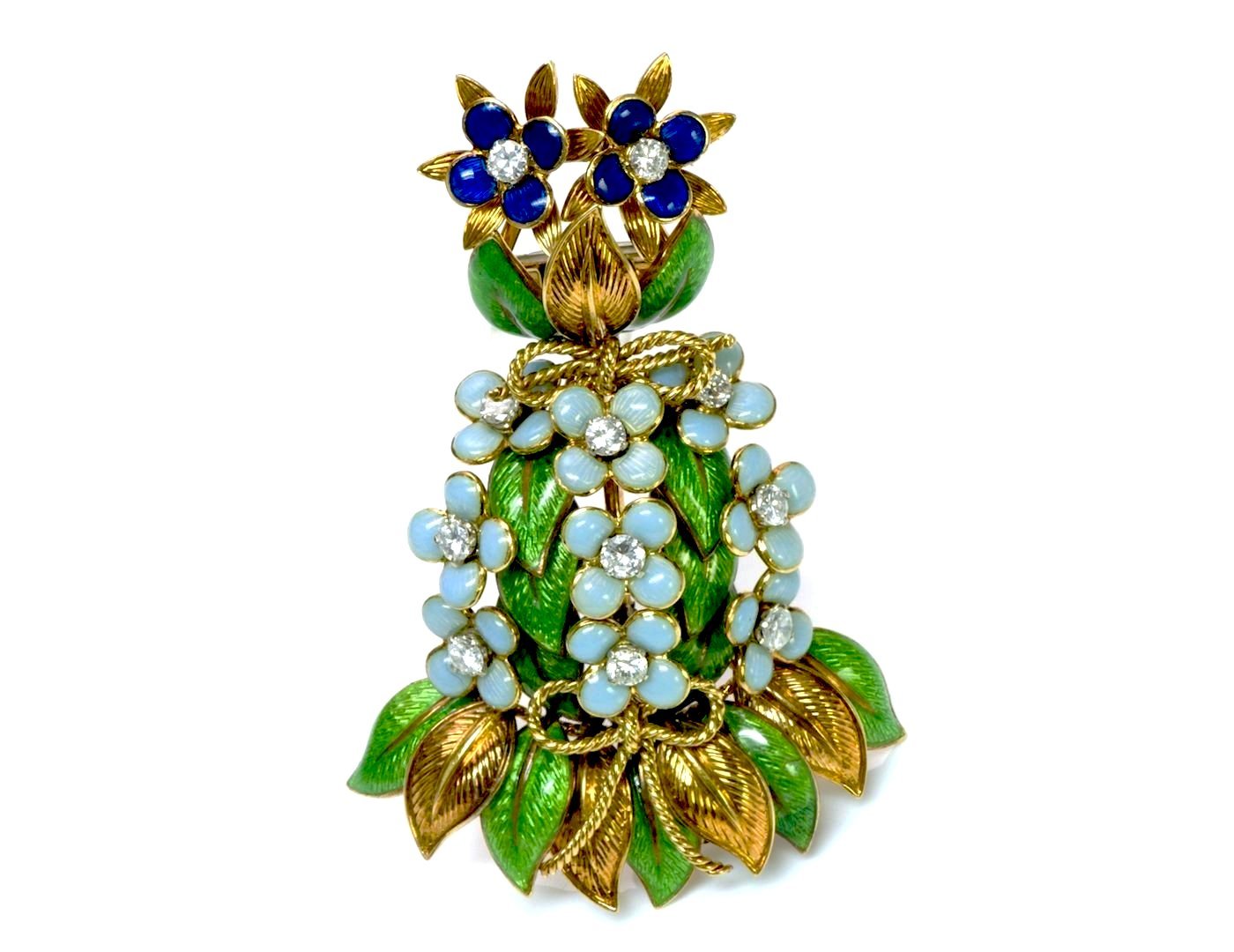 Vintage Tiffany & Co. 18K Gold Diamond Enamel Brooch