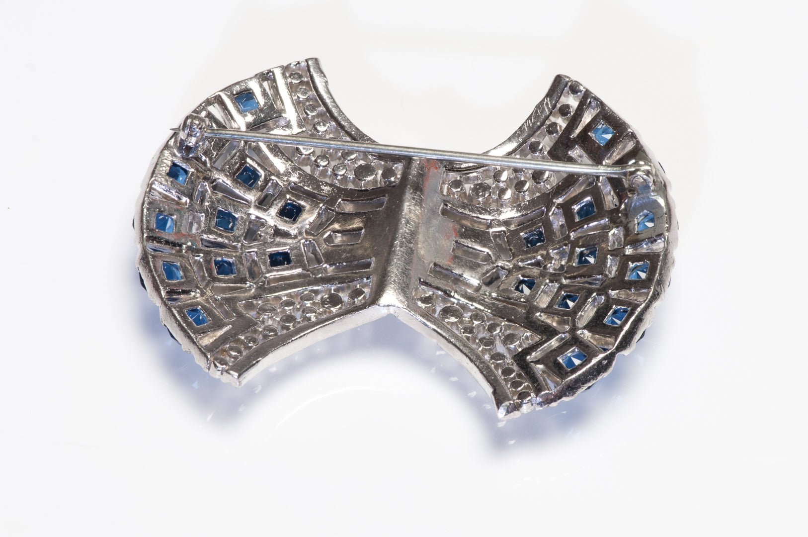 Vintage Trifari 1940’s Alfred Philippe Rhodium Plated Blue Crystal Bow Brooch