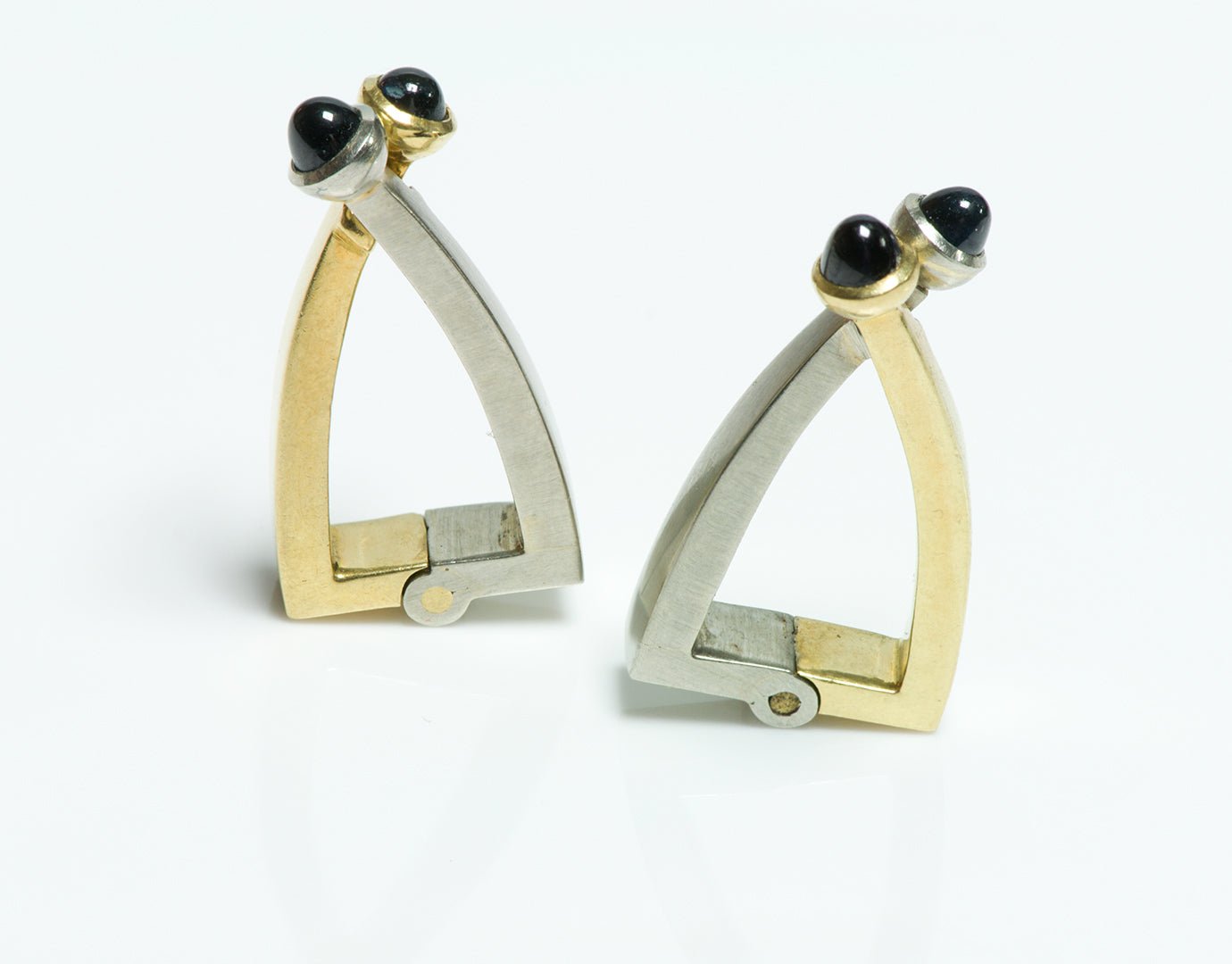 Vintage Two Color 18K Gold Cross Over Cufflinks & Cabochon Sapphire Finials