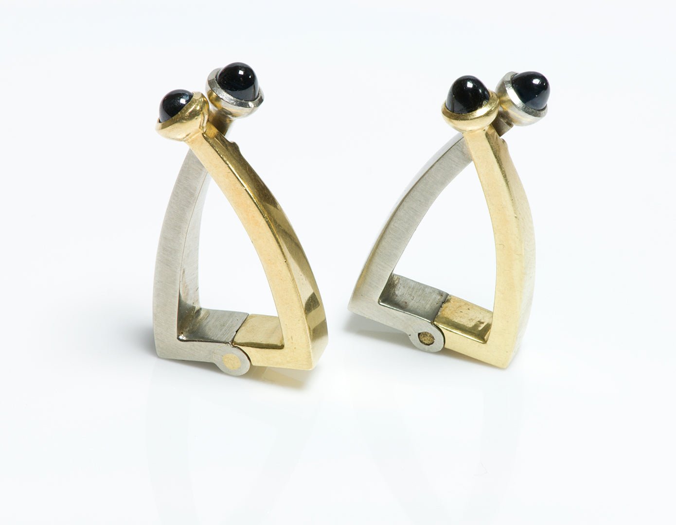 Vintage Two Color 18K Gold Cross Over Cufflinks & Cabochon Sapphire Finials